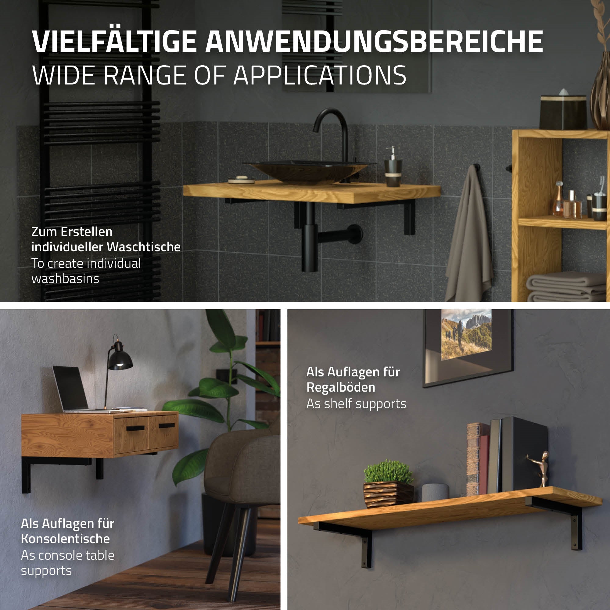 ECD Germany Möbel Équerre murale 350x150 mm noir acier lot 2