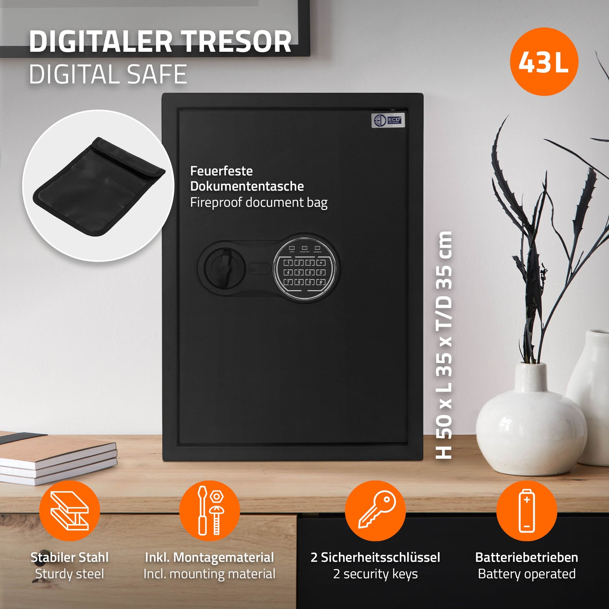 ECD Germany Haus coffre-fort acier 43 L code électronique