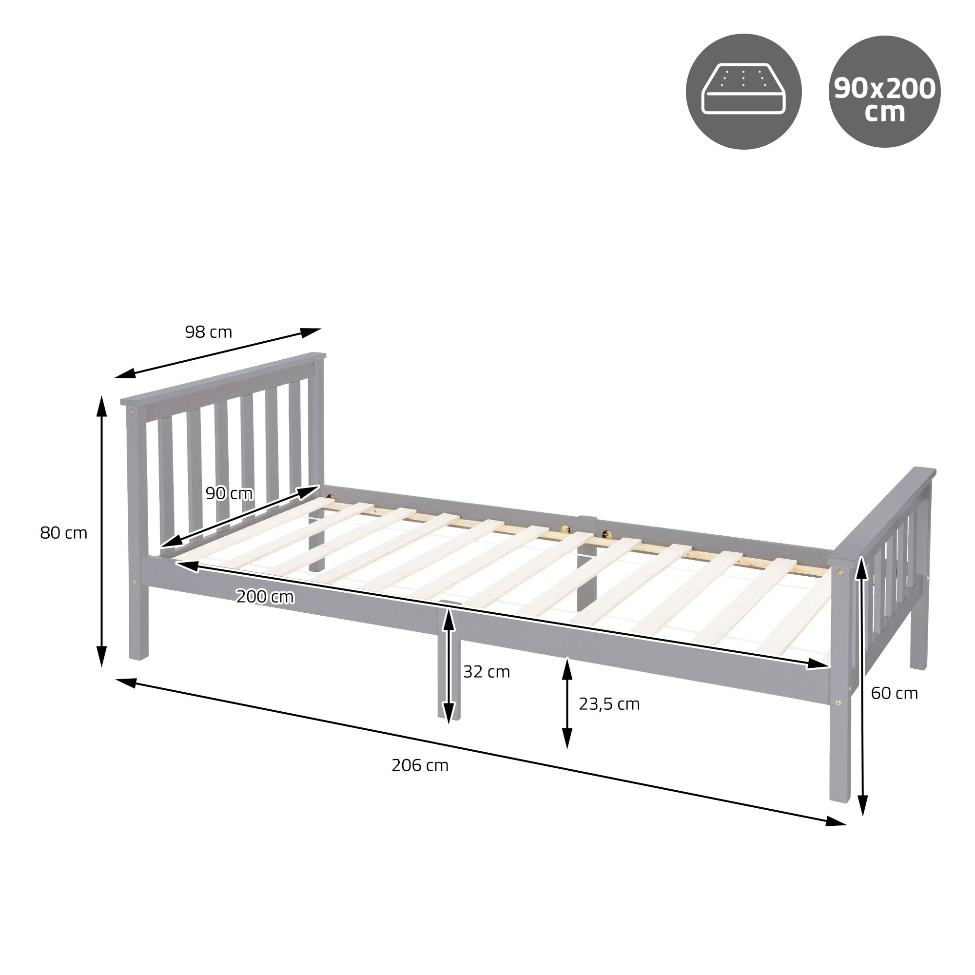 ML-Design Lit Simple 90x200 Pin Gris Clair + Sommier