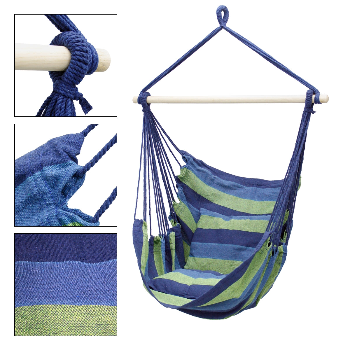 ECD Germany Sport fauteuil hamac suspendu coton bleu/vert avec support