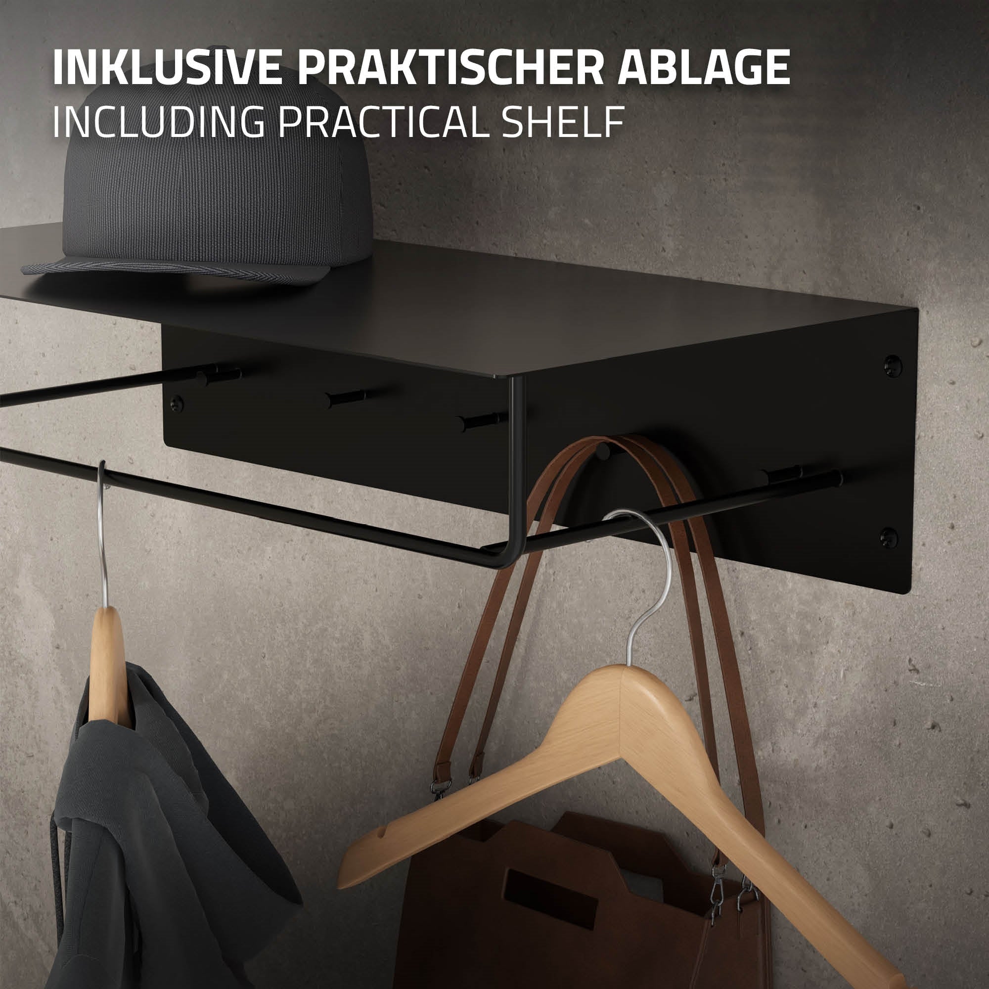 ECD Germany Möbel portemanteau mural noir métal avec étagère 60 cm