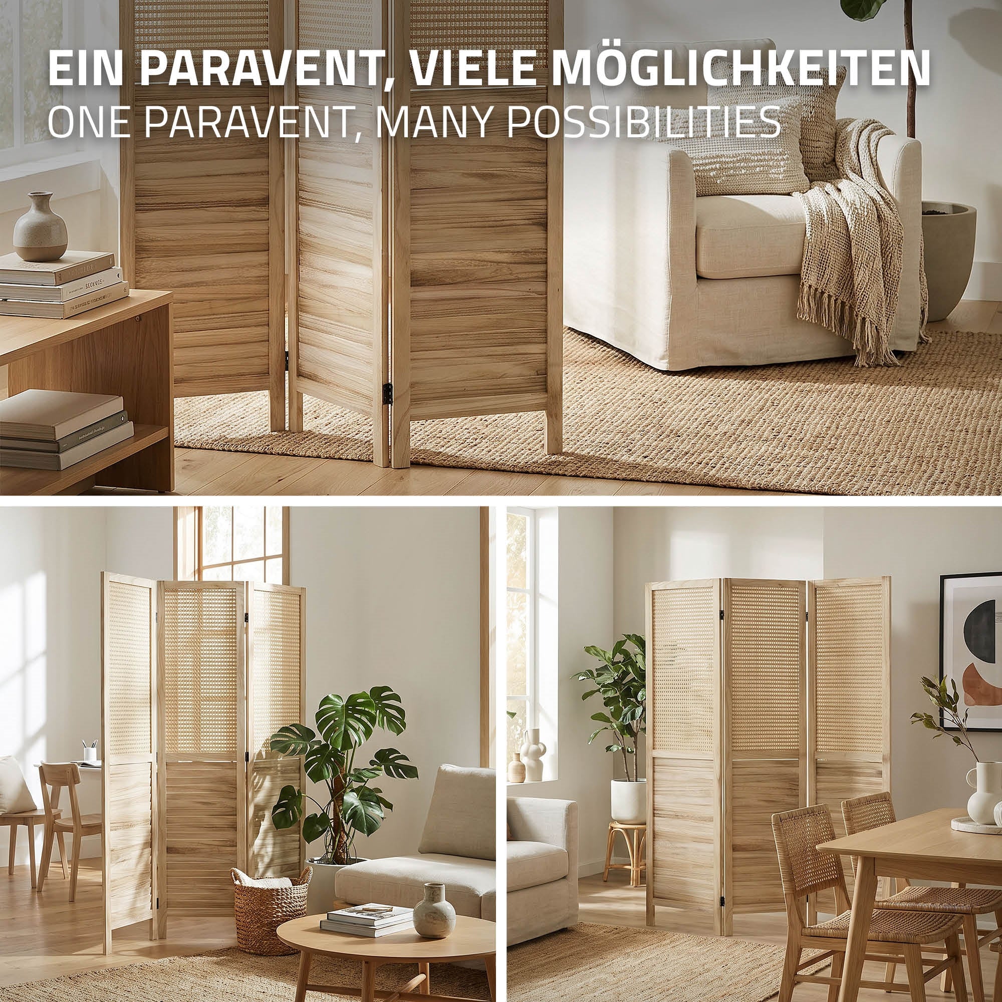 ECD Germany Möbel paravent bois 3 panneaux beige Osaka 170x121