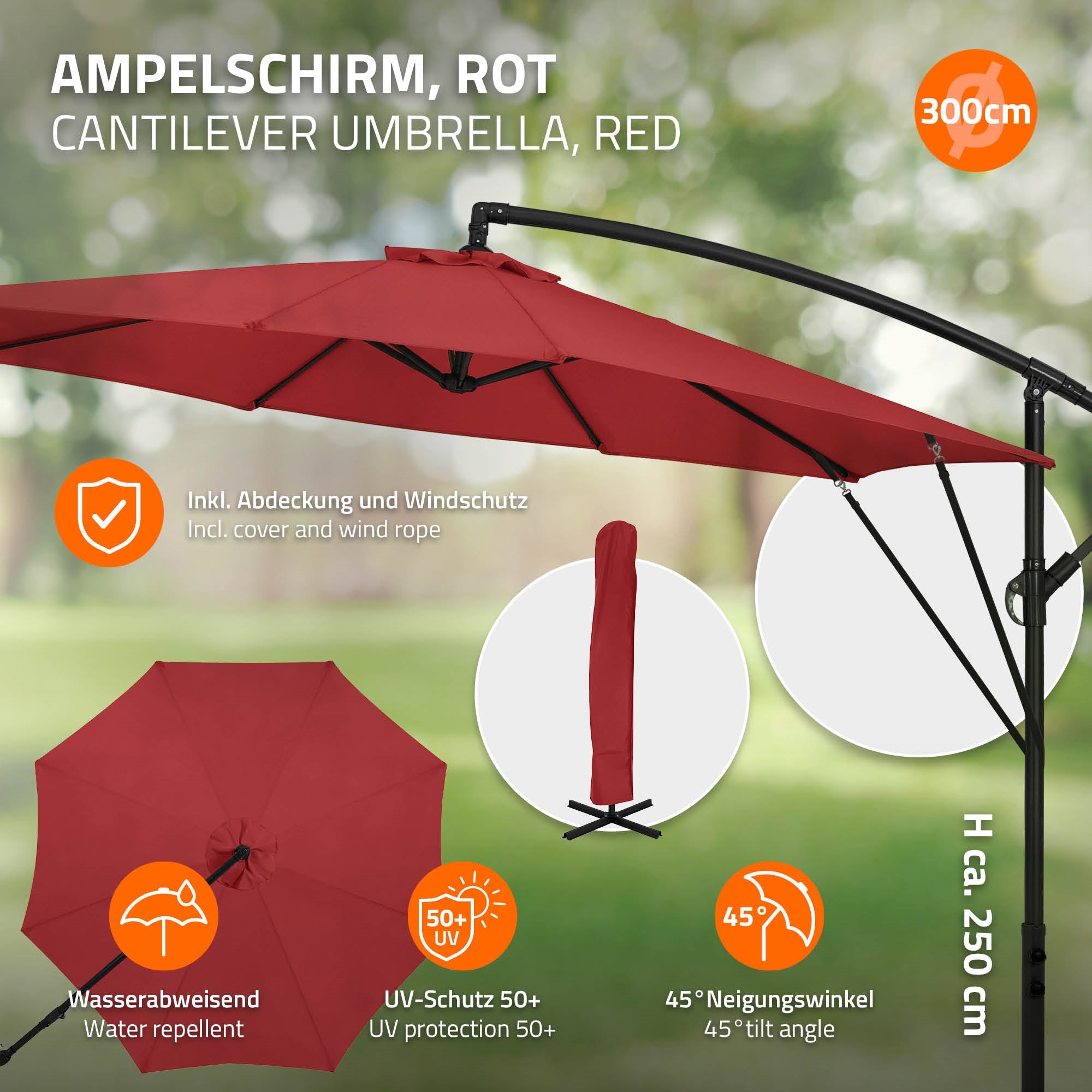 ECD Germany Garten parasol déporté rouge Ø 300 cm alu