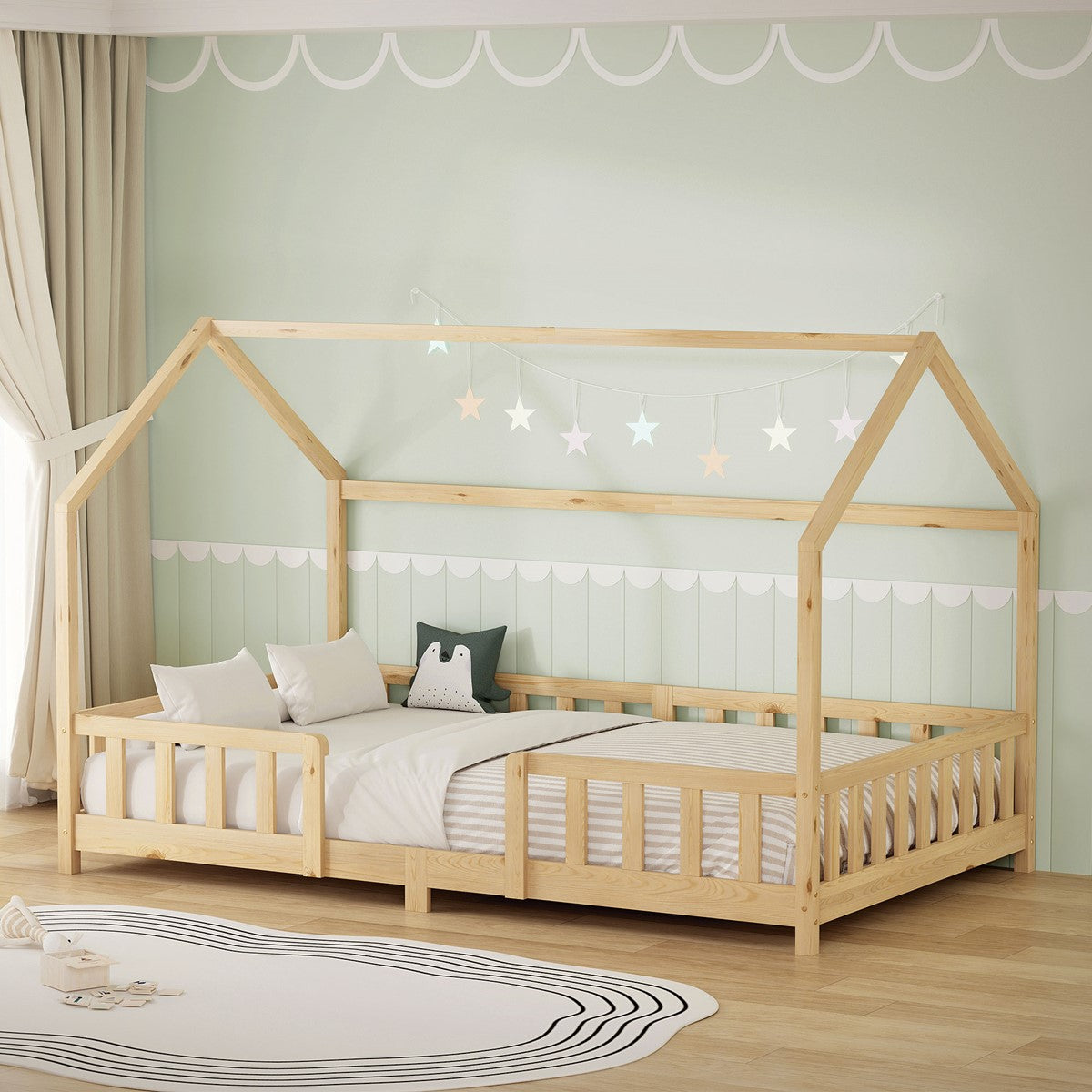 ECD Germany Kinder lit cabane 120x200 pin naturel avec sommier