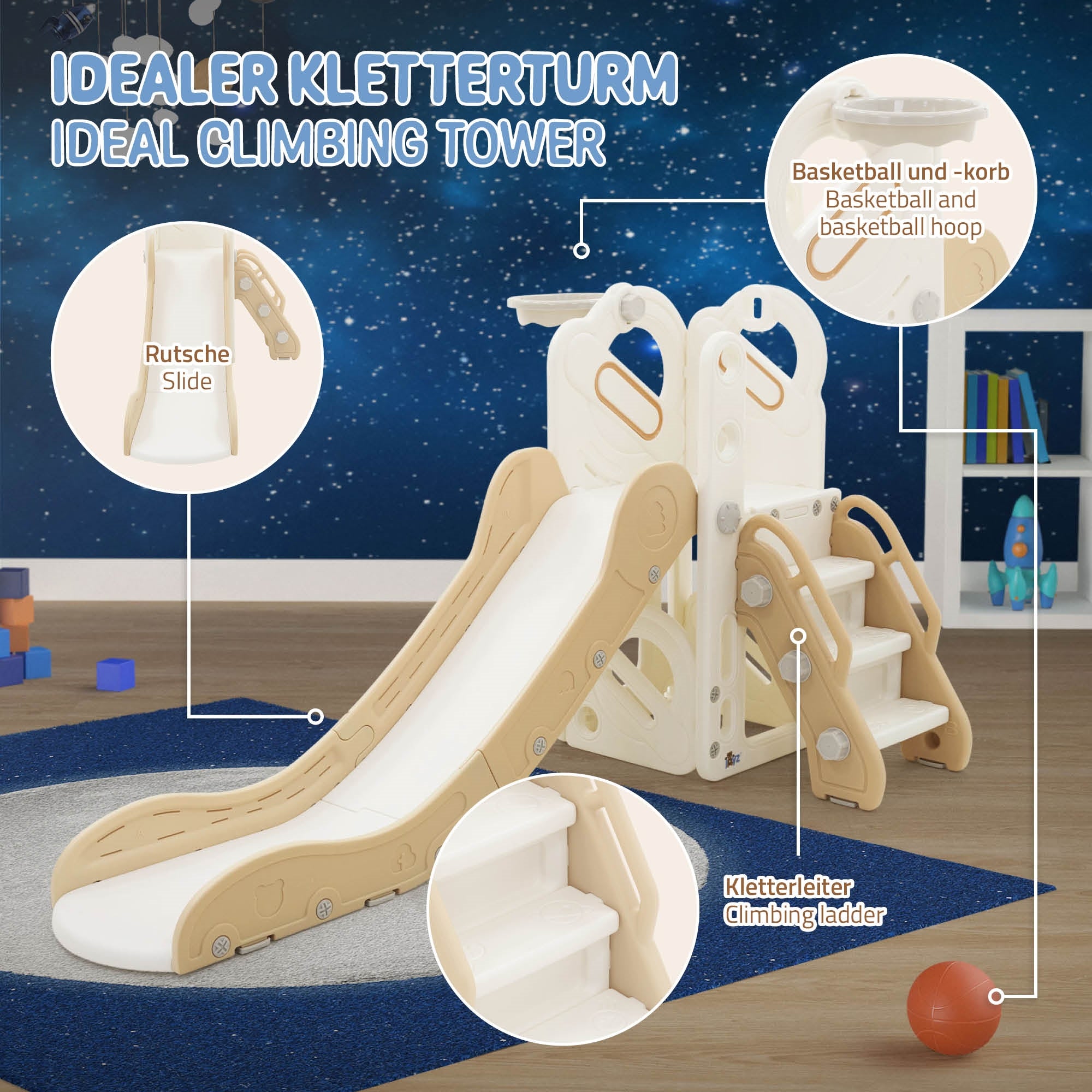 ECD Joyz tour de jeu 3en1 toboggan enfant beige panier basket