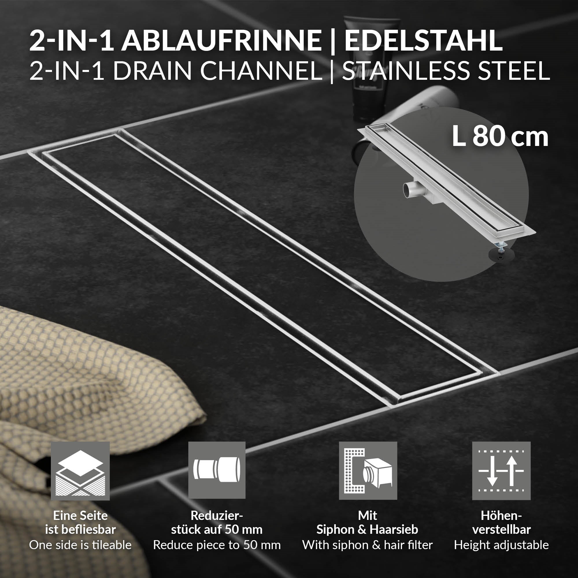 ECD Germany Sanitär caniveau douche inox 80 cm argent à carreler