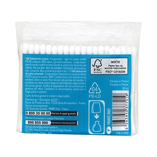 Leader Price Bâtonnets ouatés 160 tiges papier doux