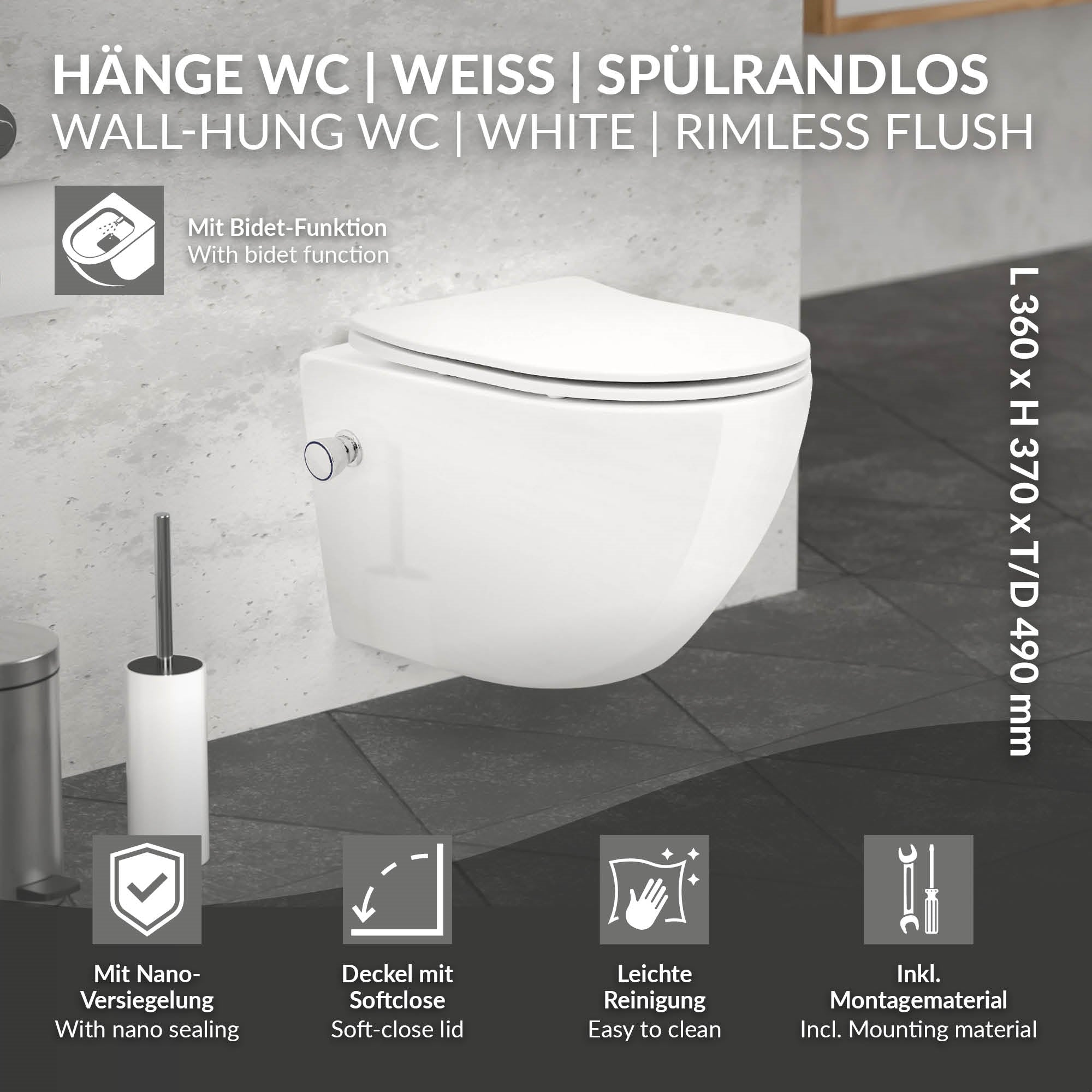 LuxeBath WC suspendu céramique court 49 cm sans bride avec bidet