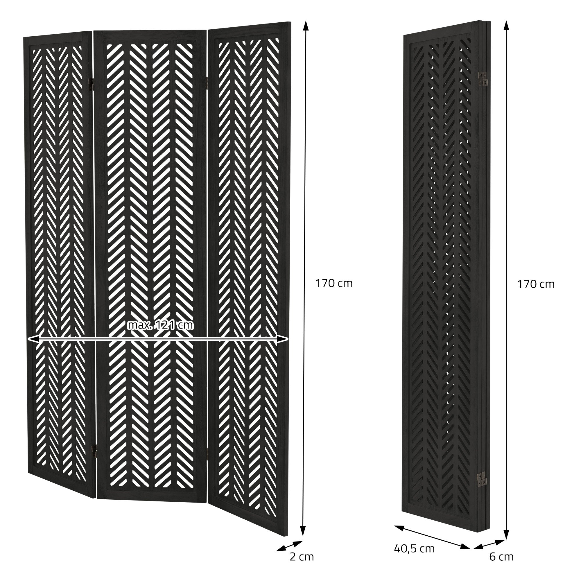 ML-Design Kobe paravent bois noir 3 volets 170x121 cm