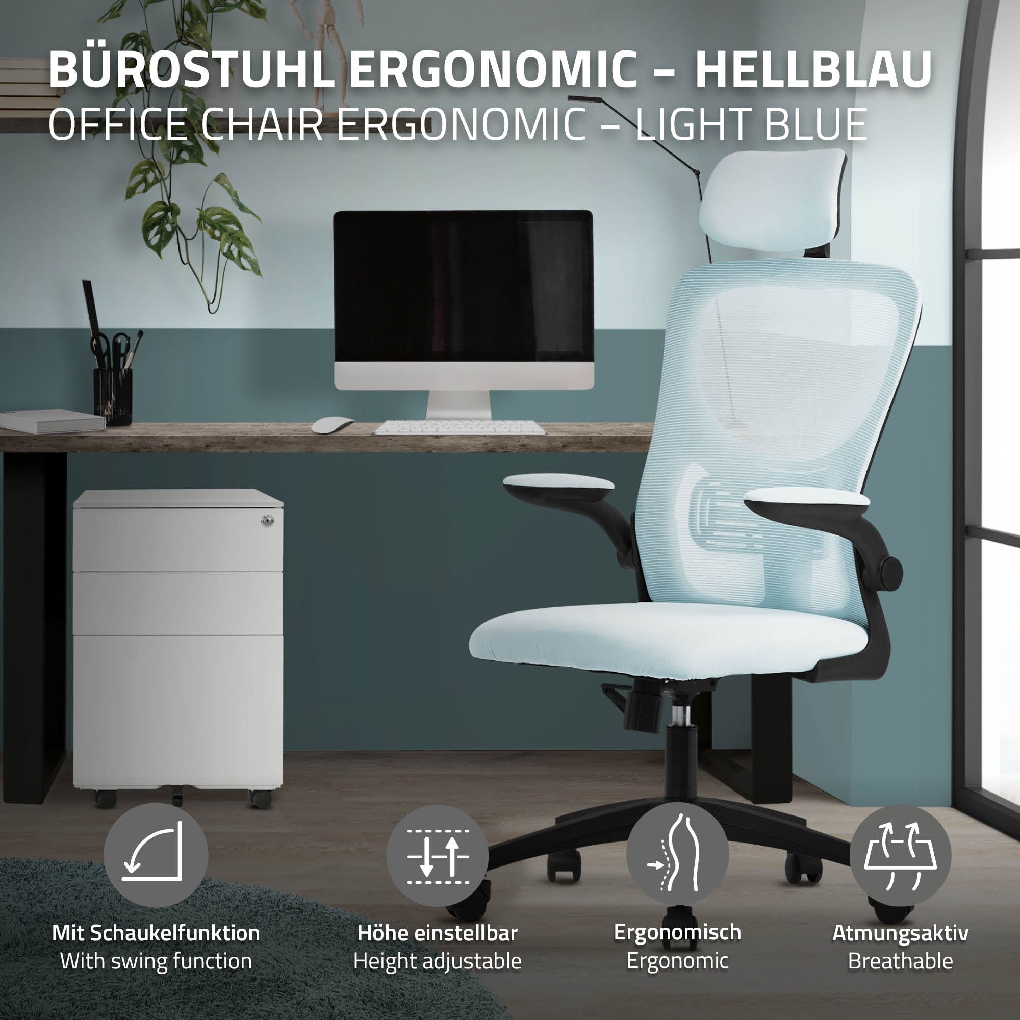 ECD Germany ML-Design chaise de bureau bleu maille appui-tête