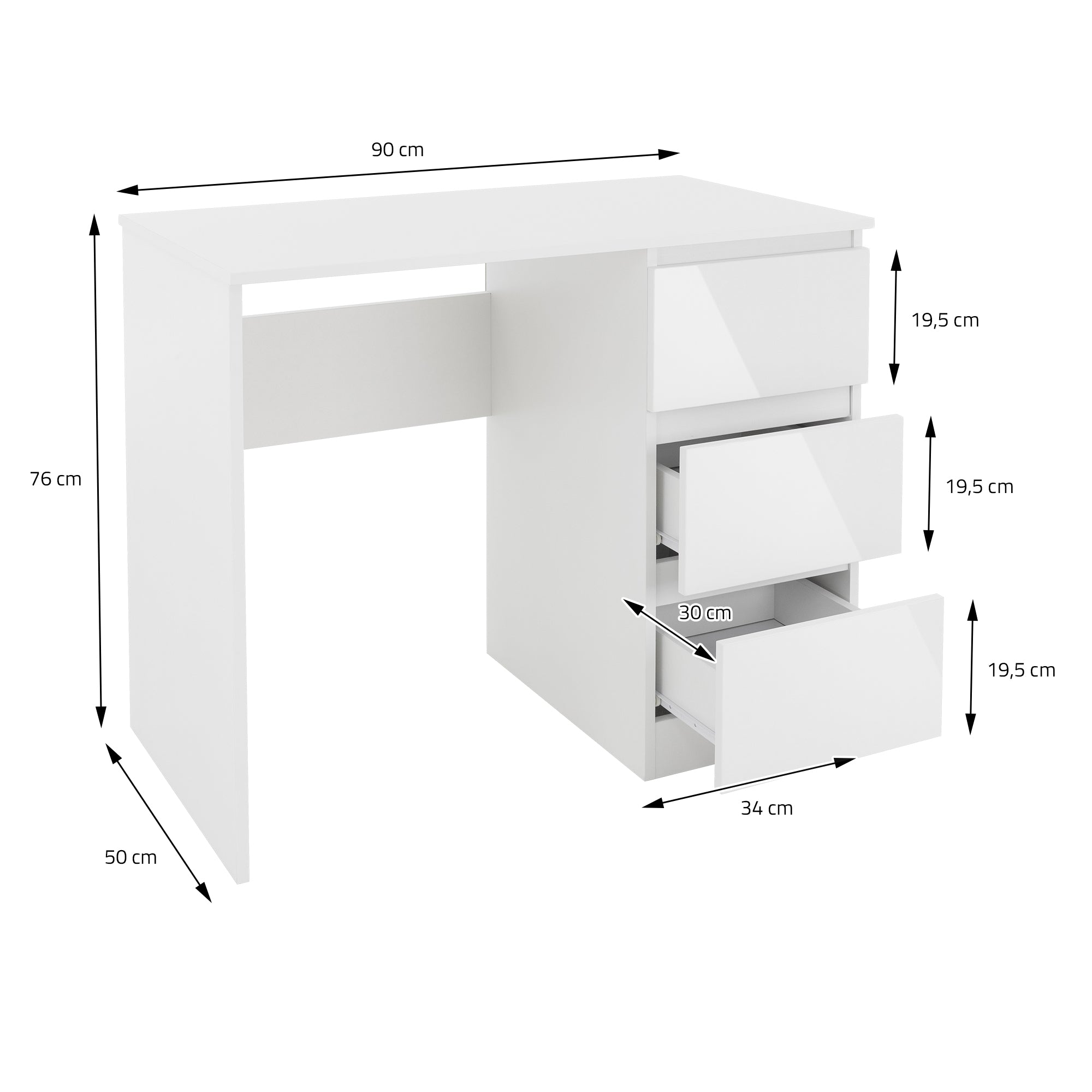 ECD Germany Möbel bureau blanc 3 tiroirs 90x76x50 cm
