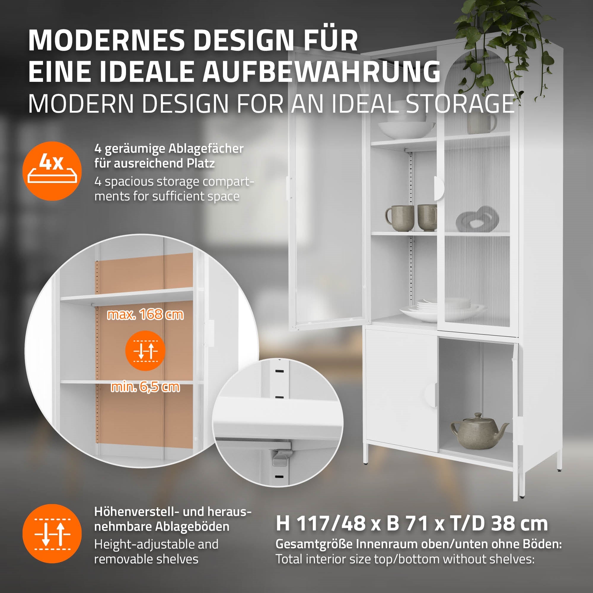 ECD Germany Möbel armoire vitrine 80x185 cm blanche acier