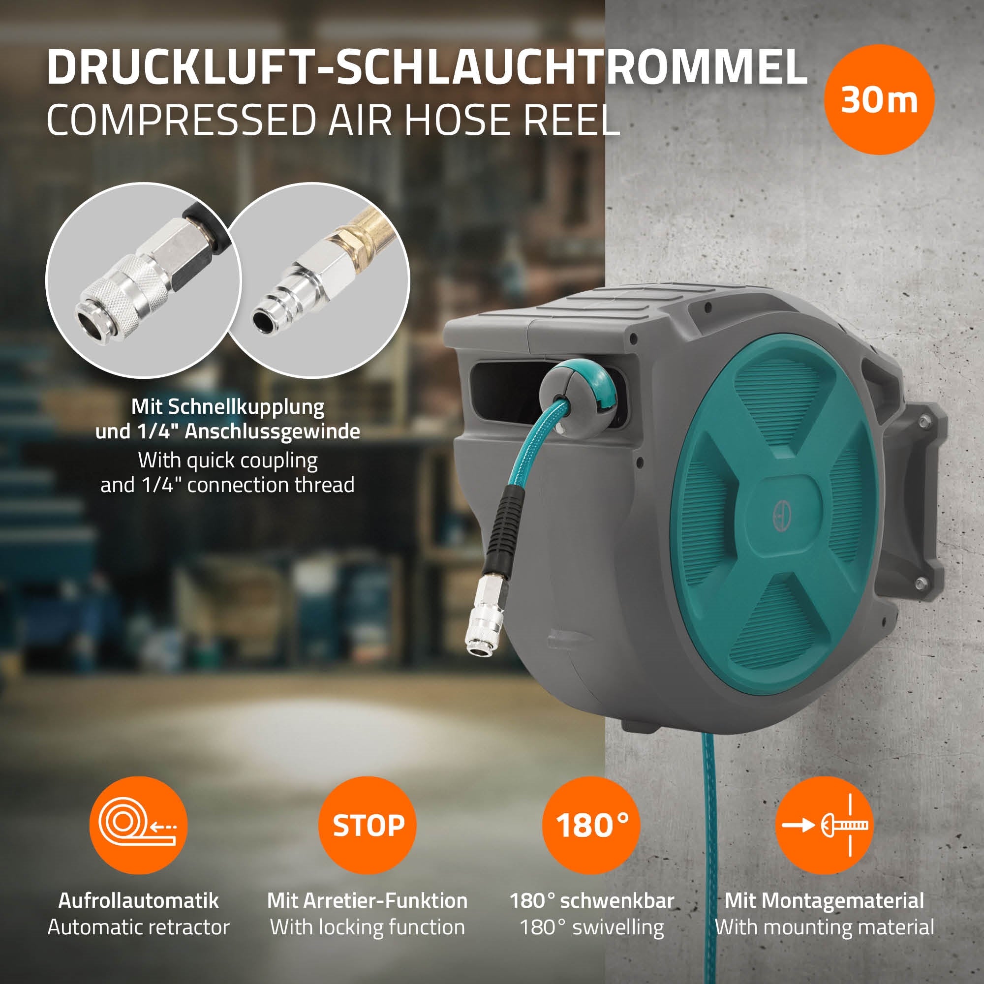 ECD Germany Werkstatt & Werkzeuge enrouleur tuyau air 30 m automatique
