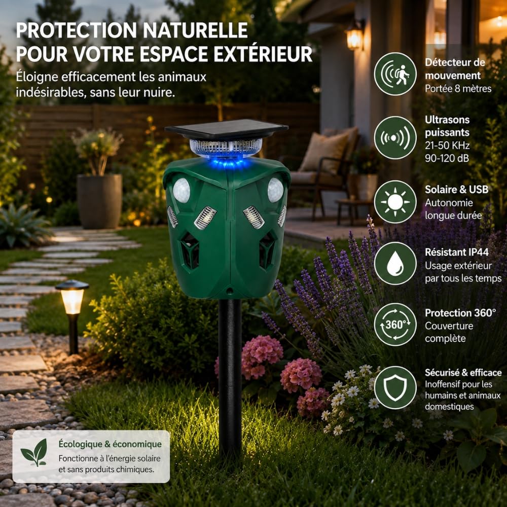 Shop-Story Maison Répulsif ultrasons solaire 360° 8 m vert