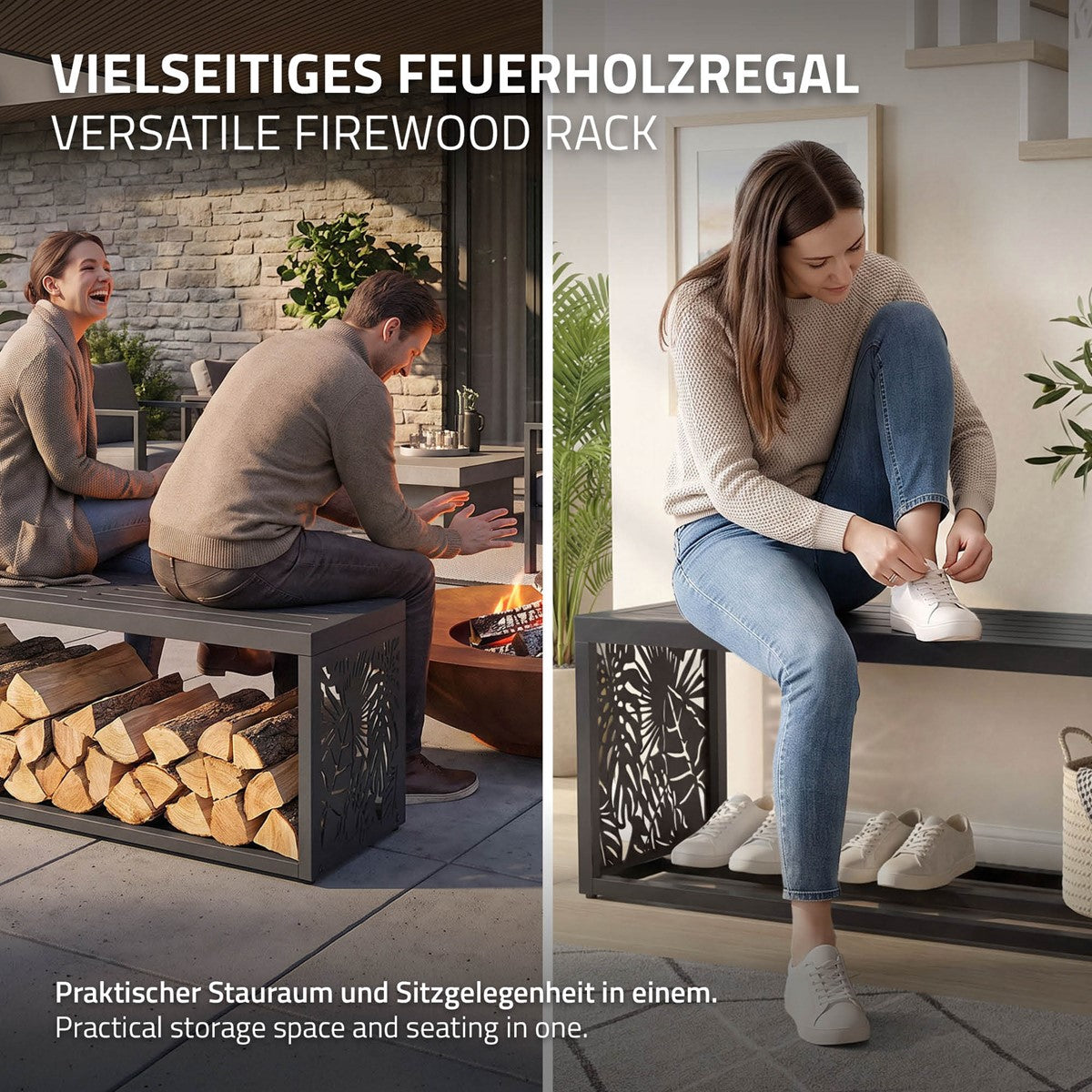 ECD Germany Garten range-bûches banc 120cm anthracite acier