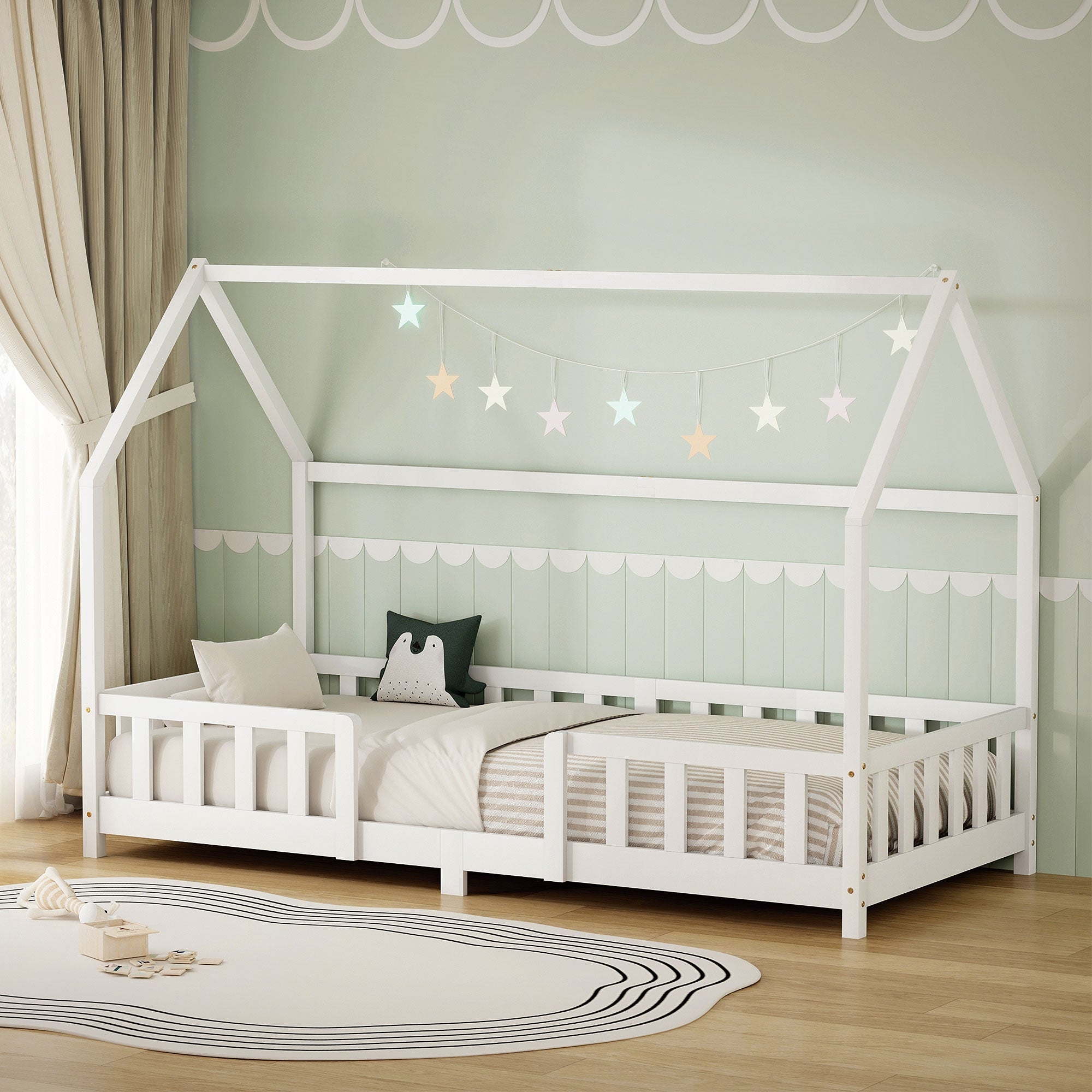 ECD Germany Kinder lit cabane 90x200 cm blanc pin avec barrière