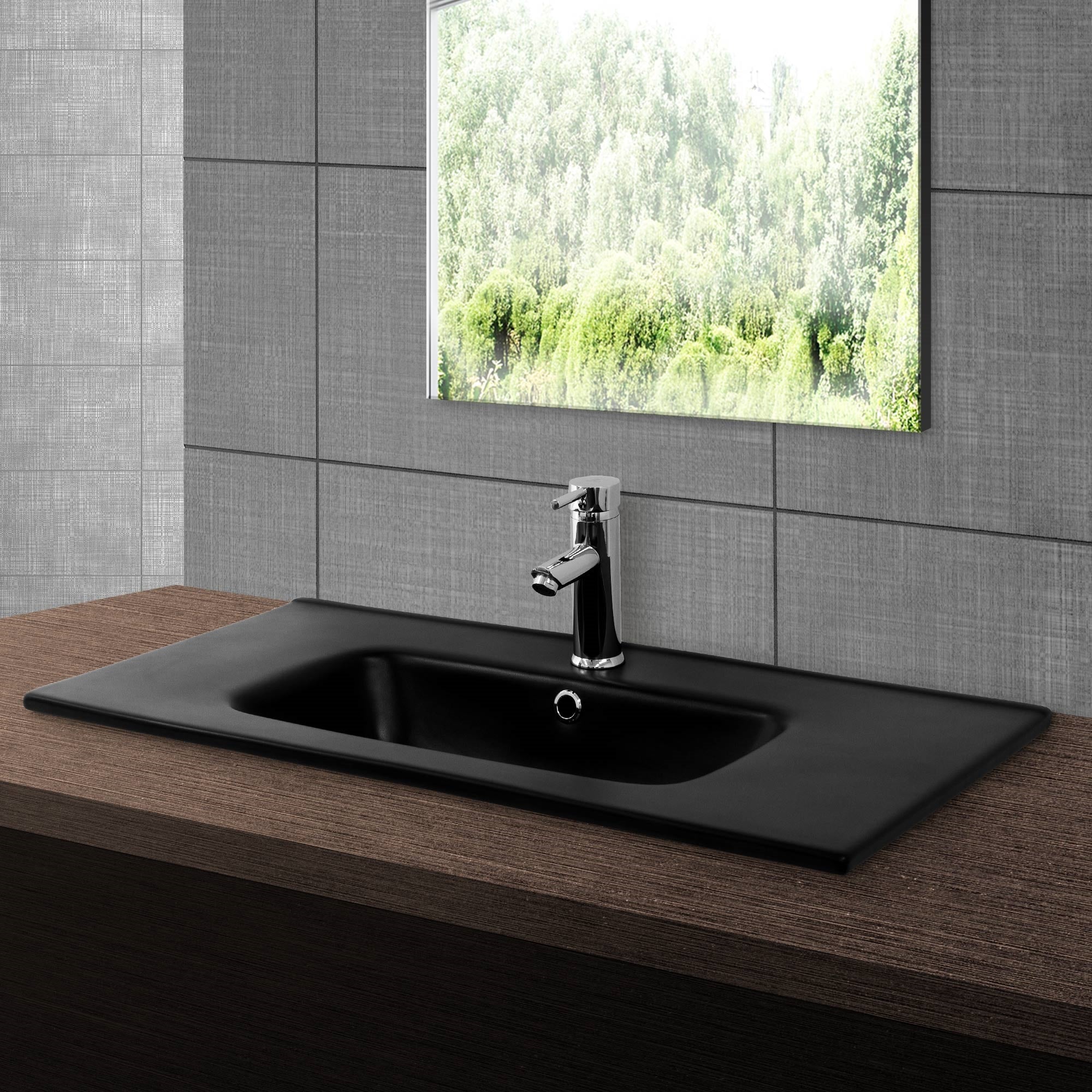 ECD Germany Sanitär Lavabo céramique 81 cm noir + bonde argent