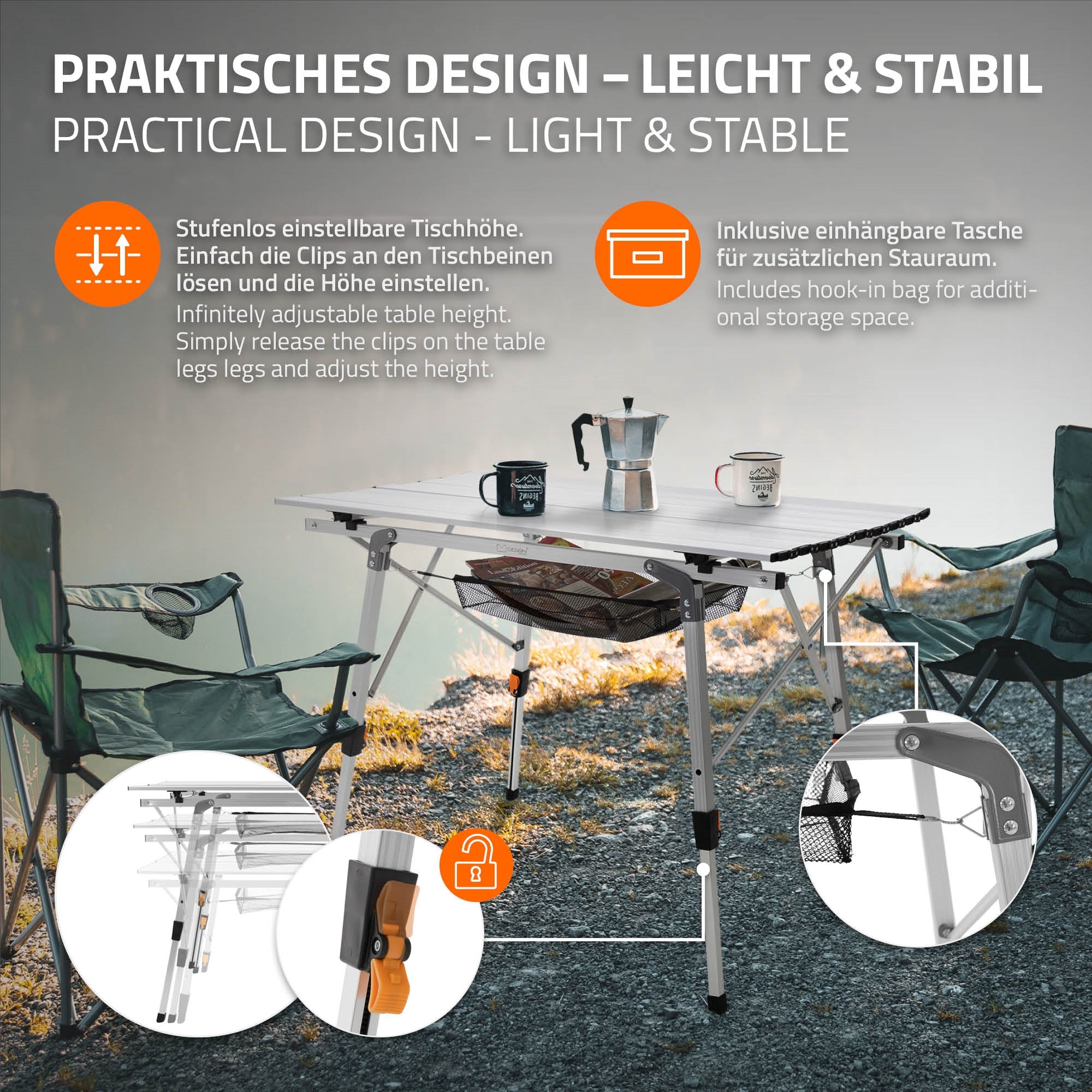 ECD Germany table camping pliante alu 90cm noire hauteur réglable +housse