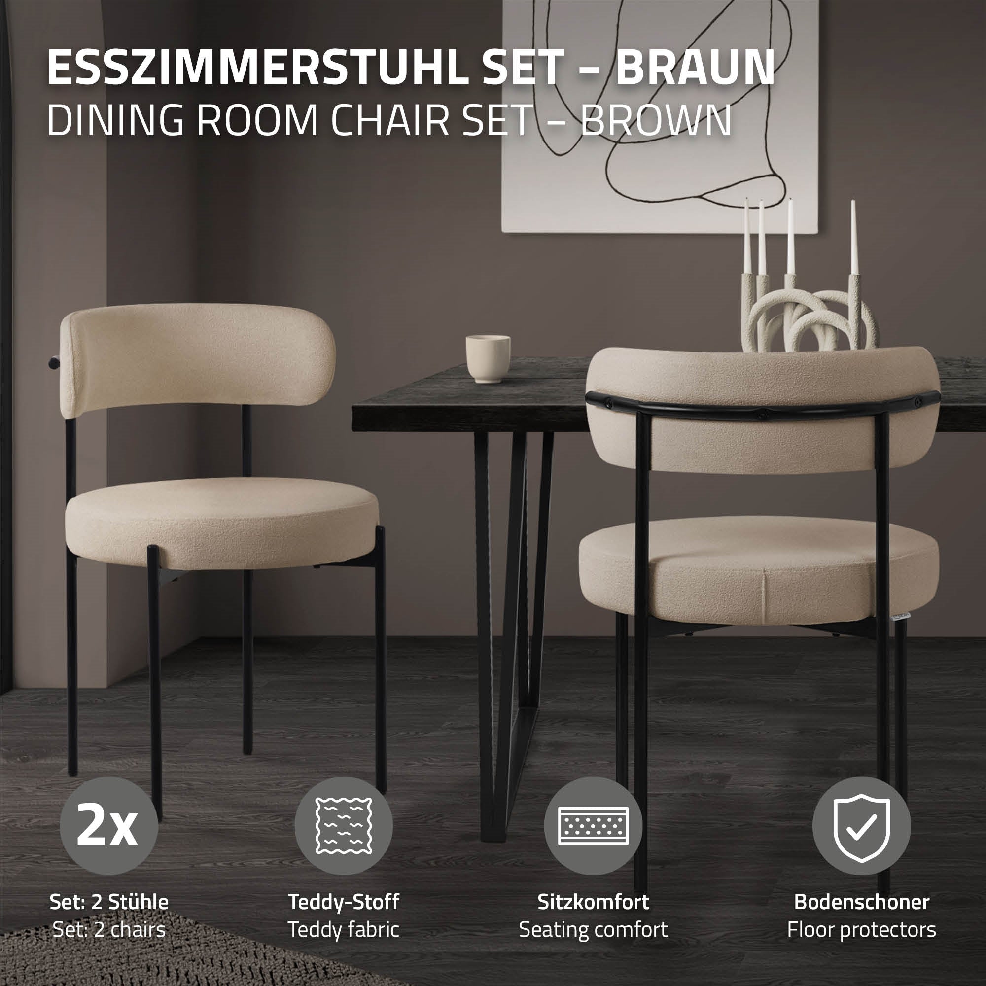 ECD Germany chaise salle à manger teddy marron lot de 2 dossier rond