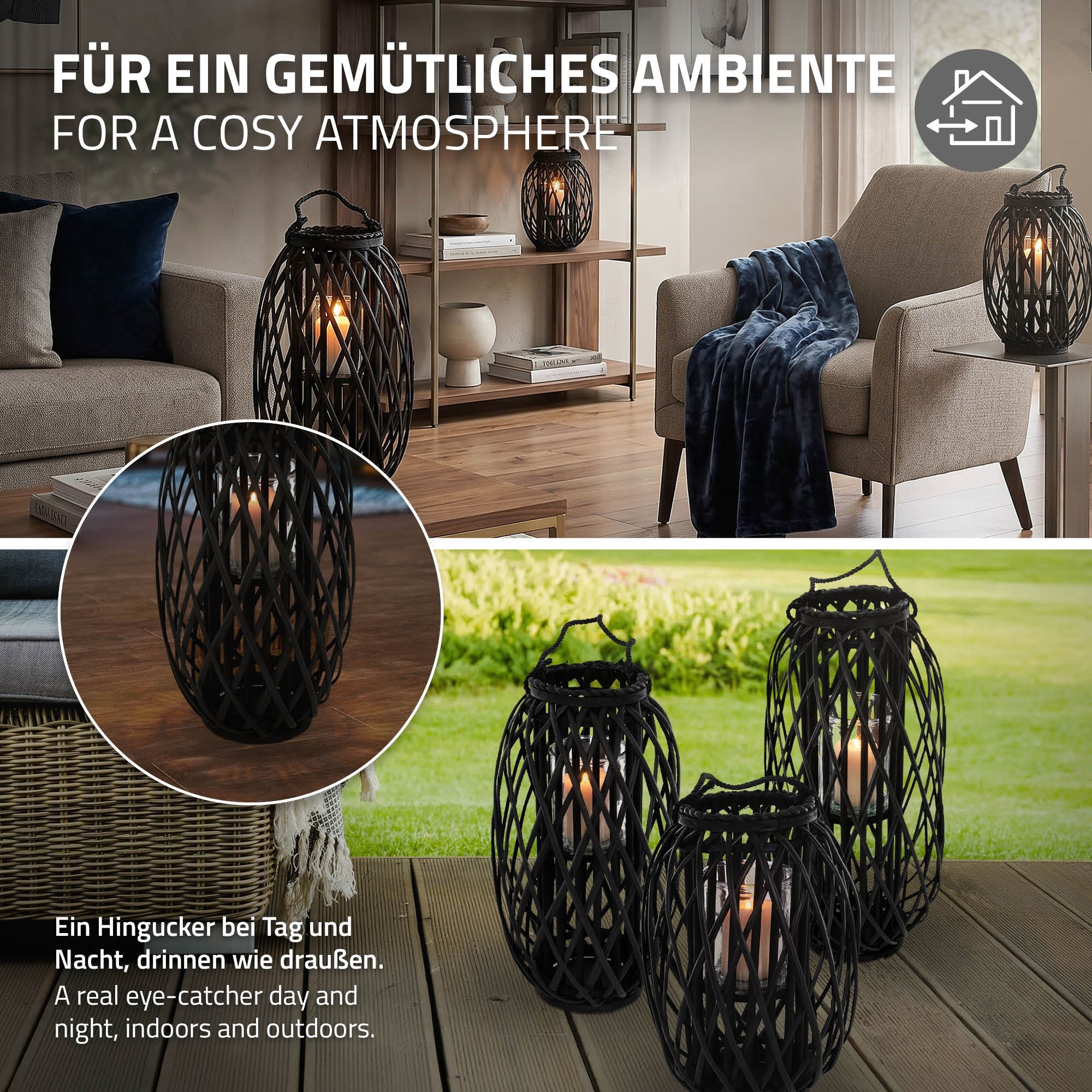 ECD Germany Garten Riedlaterne lanterne rotin noir 50 cm avec anse