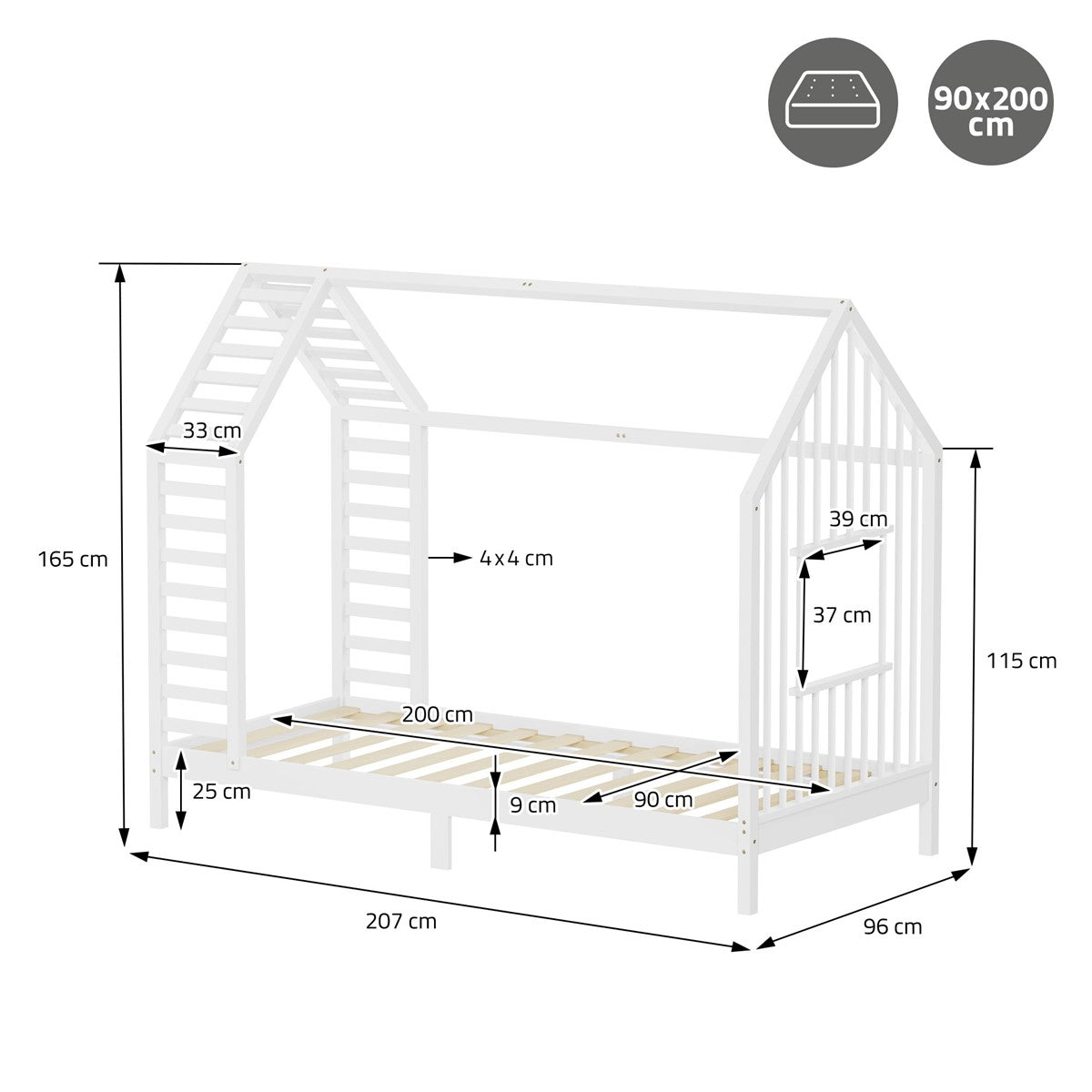 ECD Germany Kinder lit cabane blanc 90x200 cm pin sans matelas