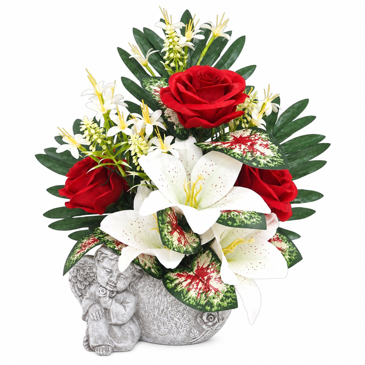 Stokomani Maison lys roses palmes pot ange cœur composition florale ciment 41 cm
