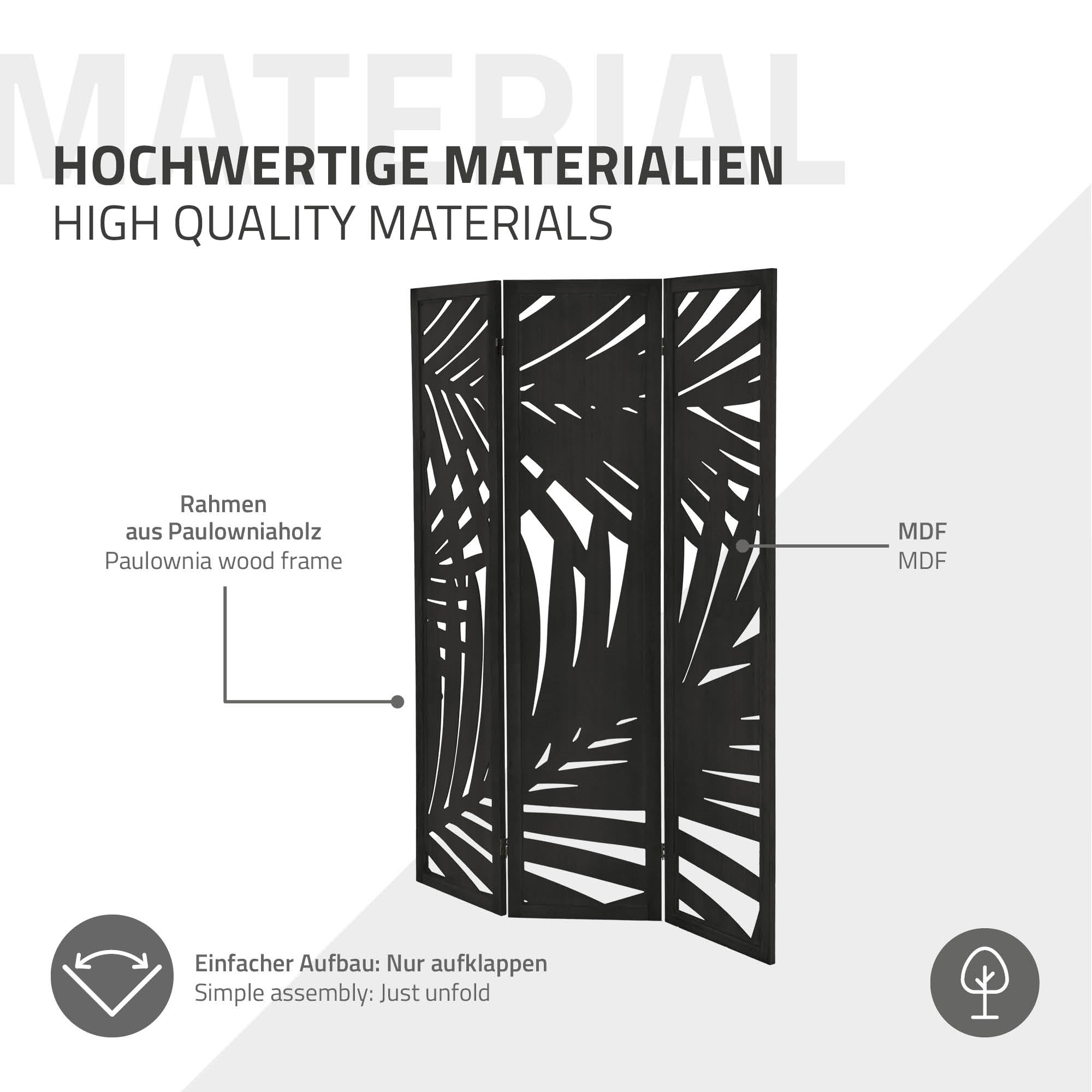 ECD Germany Sapporo paravent bois 3 volets noir 170x121 cm