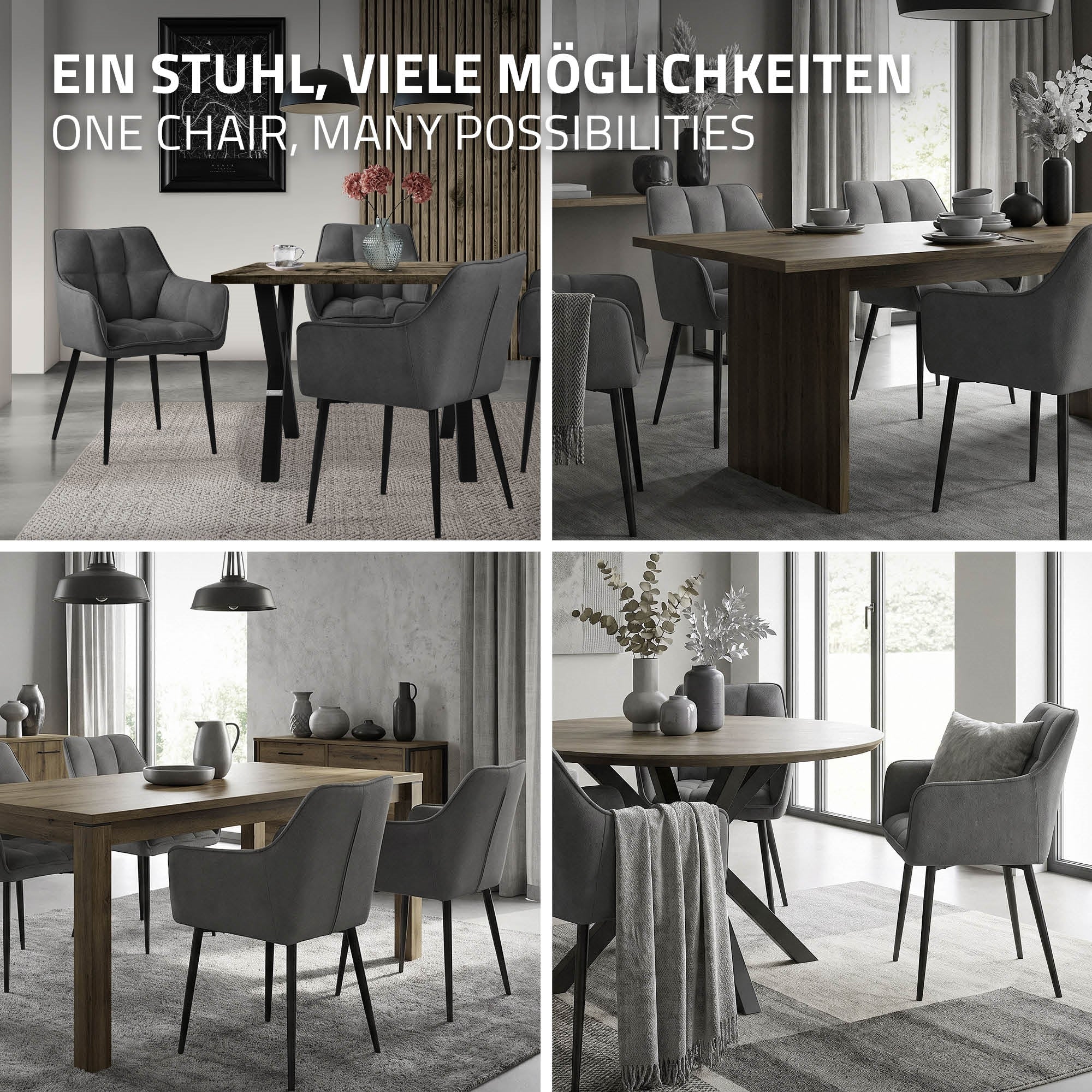 ECD Germany Möbel Chaise salle à manger gris foncé tissu bouclette