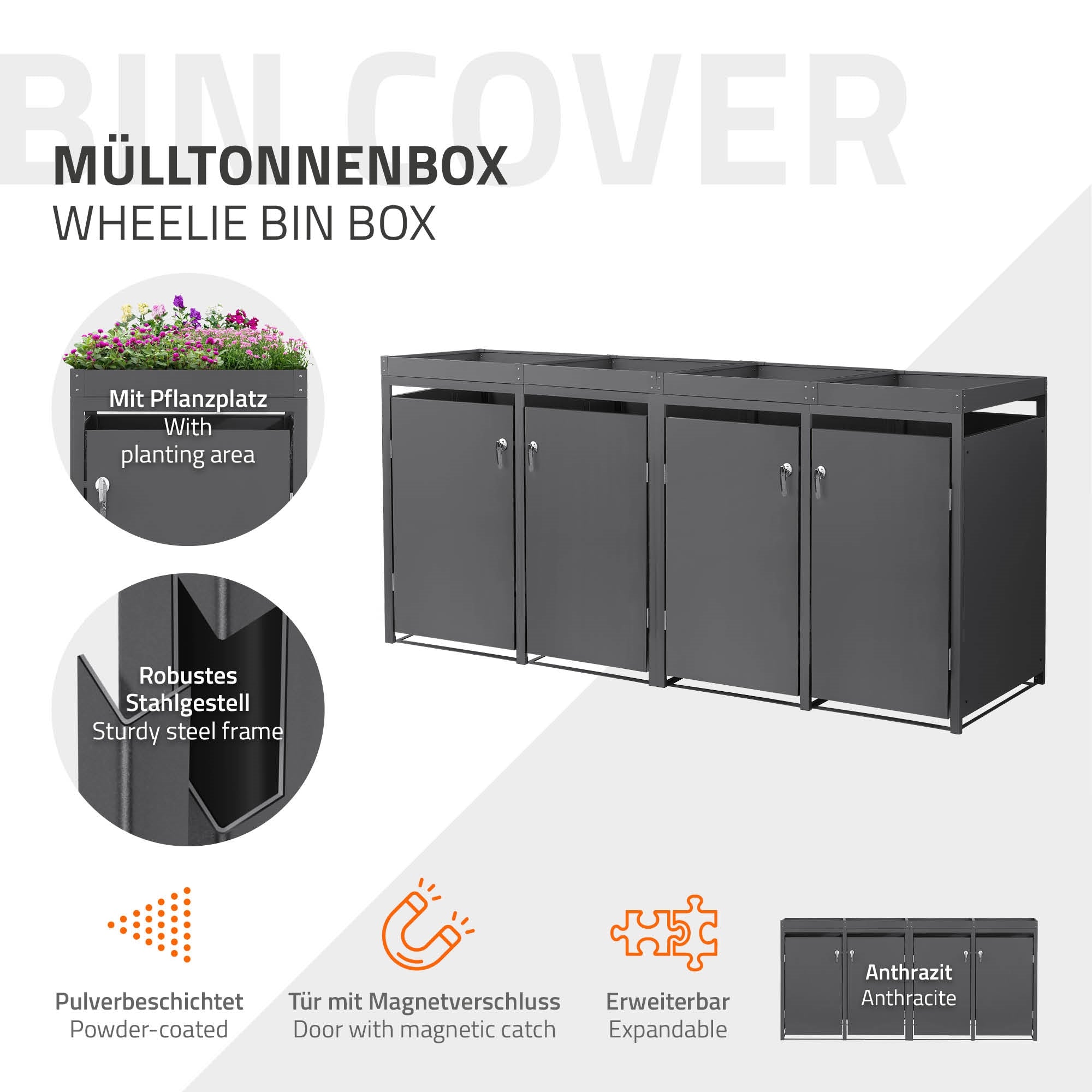 ECD Germany Garten Cache-poubelle 4x240L anthracite acier toit végétal
