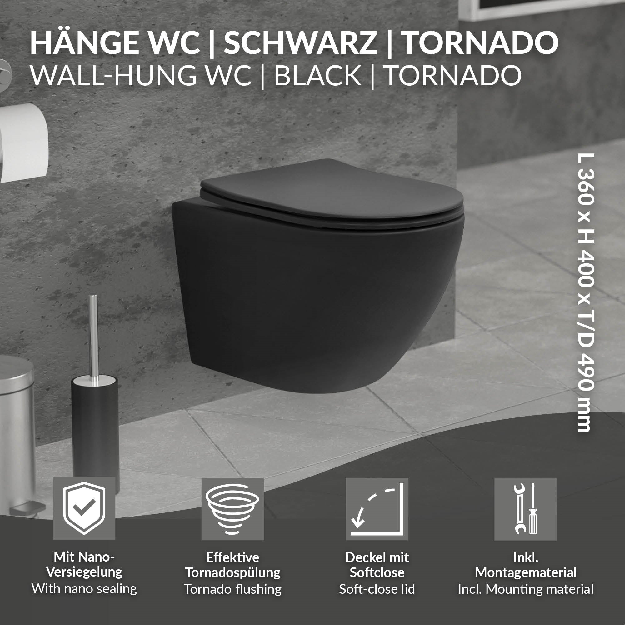 ECD Germany Luxebath WC suspendu céramique noir mat 49 cm court