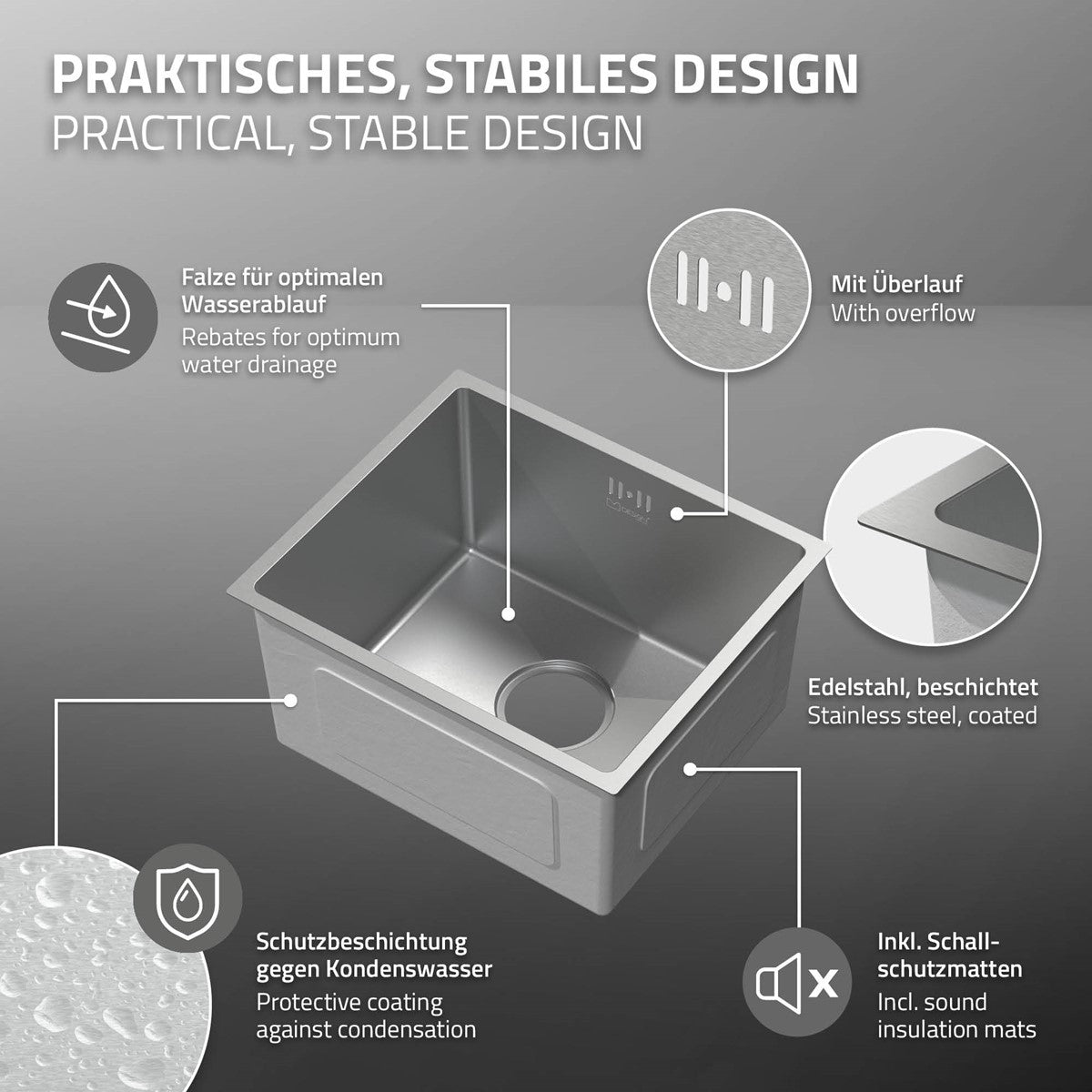 ECD Germany Sanitär Évier Encastrable Inox Argent 34x40 cm
