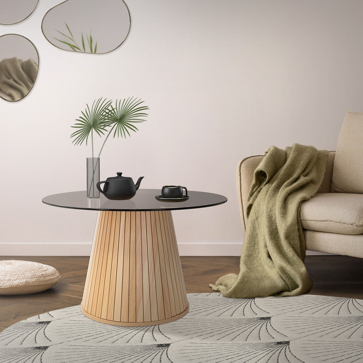 ECD Germany Möbel table basse ronde verre Ø80x50 cm bois brun