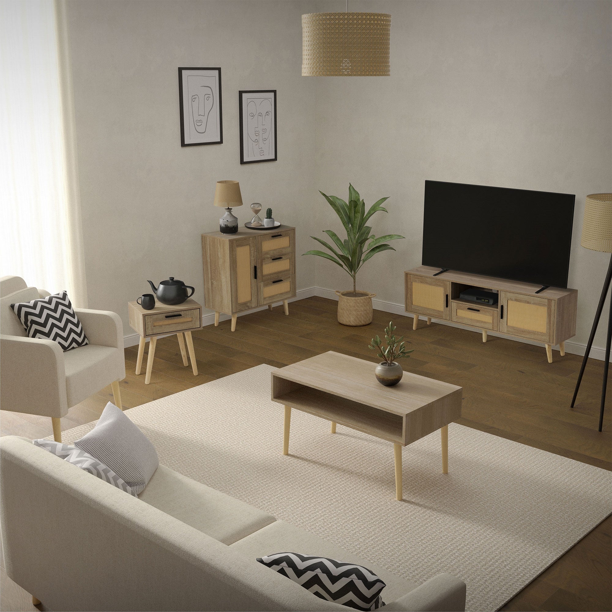 ECD Germany Möbel commode chêne rotin 74x76x30 3 tiroirs