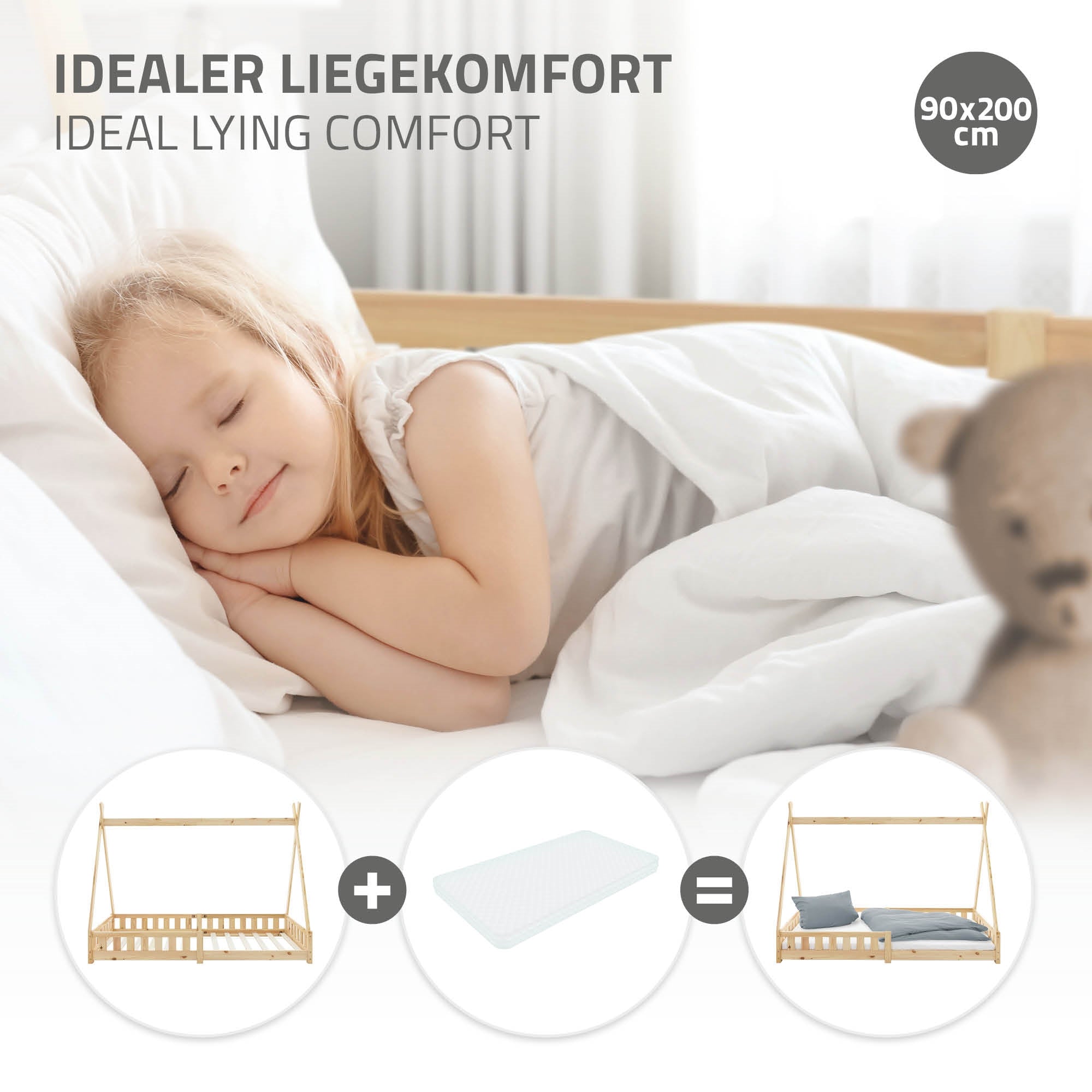ECD Germany Kinder Lit Tipi 90x200 cm Pin avec Sommier