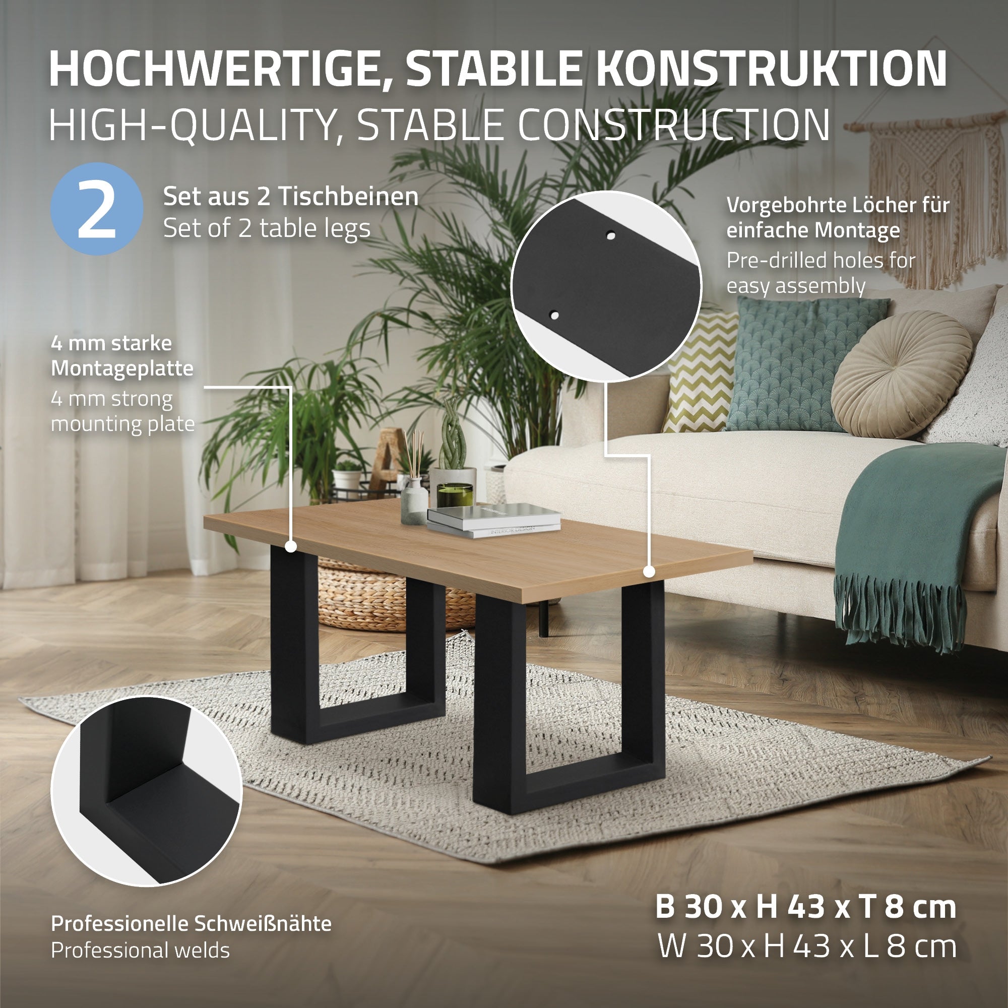 ECD Germany Garten pied de table 30x43 noir acier lot 2