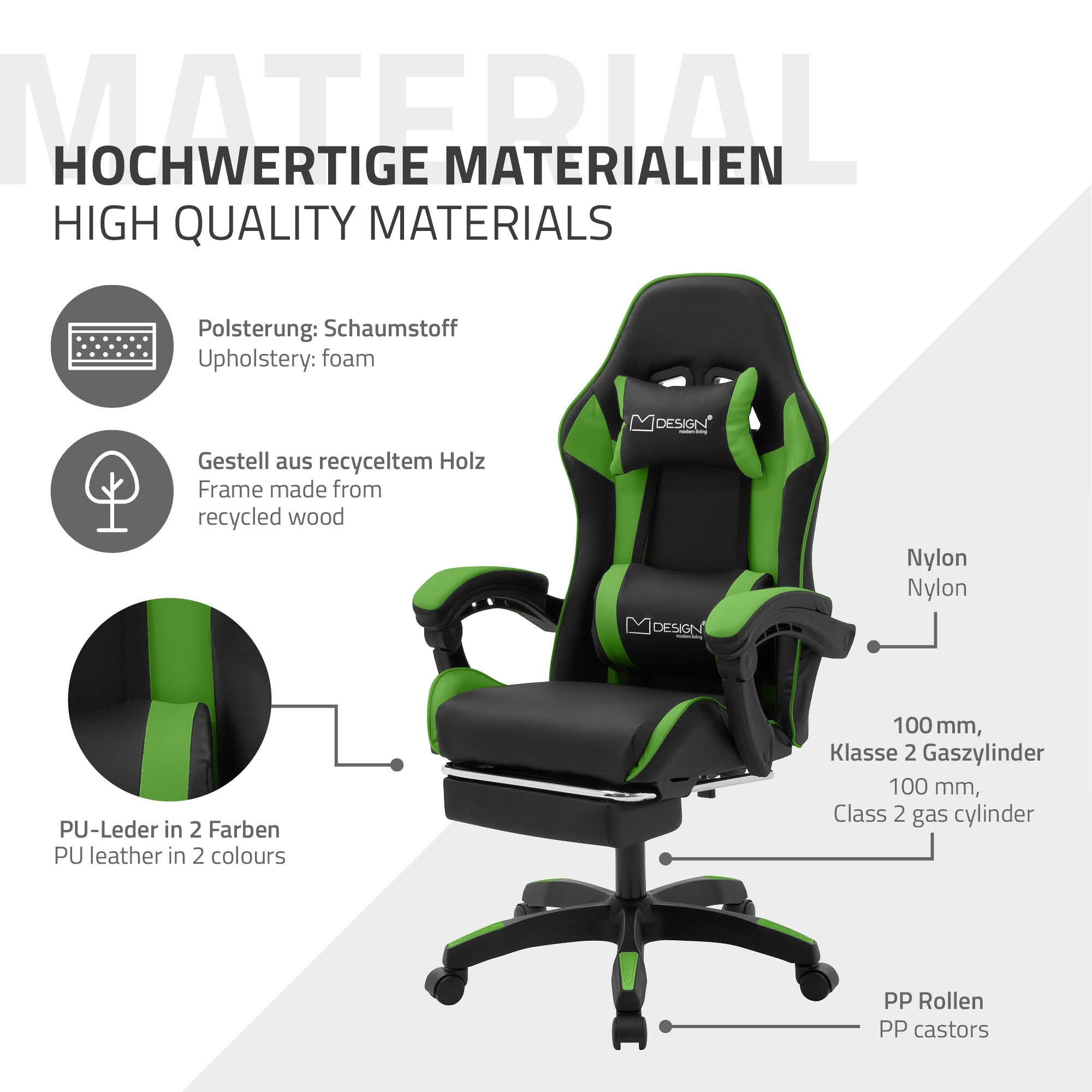 ECD Germany Möbel ML-Design Chaise gaming Simili cuir Noir-Vert