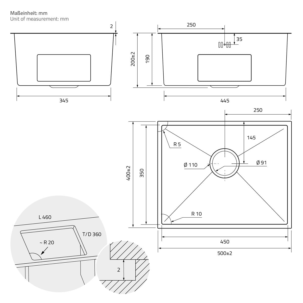 ECD Germany Sanitär Évier inox 50x40 cm anthracite à encastrer