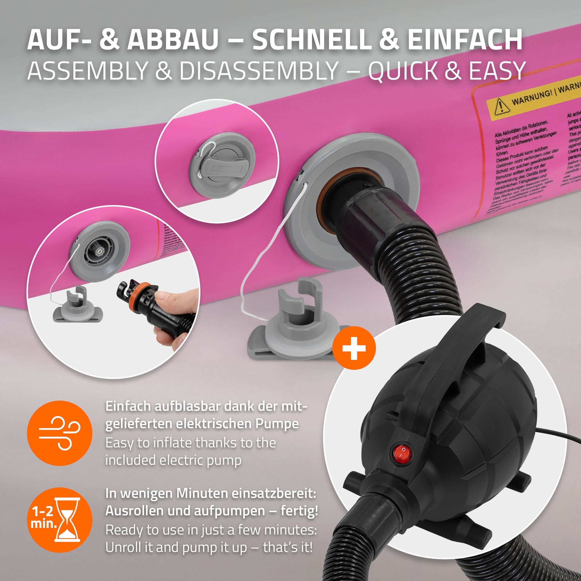 Airtrack Tapis gym gonflable 3m rose 10cm + pompe