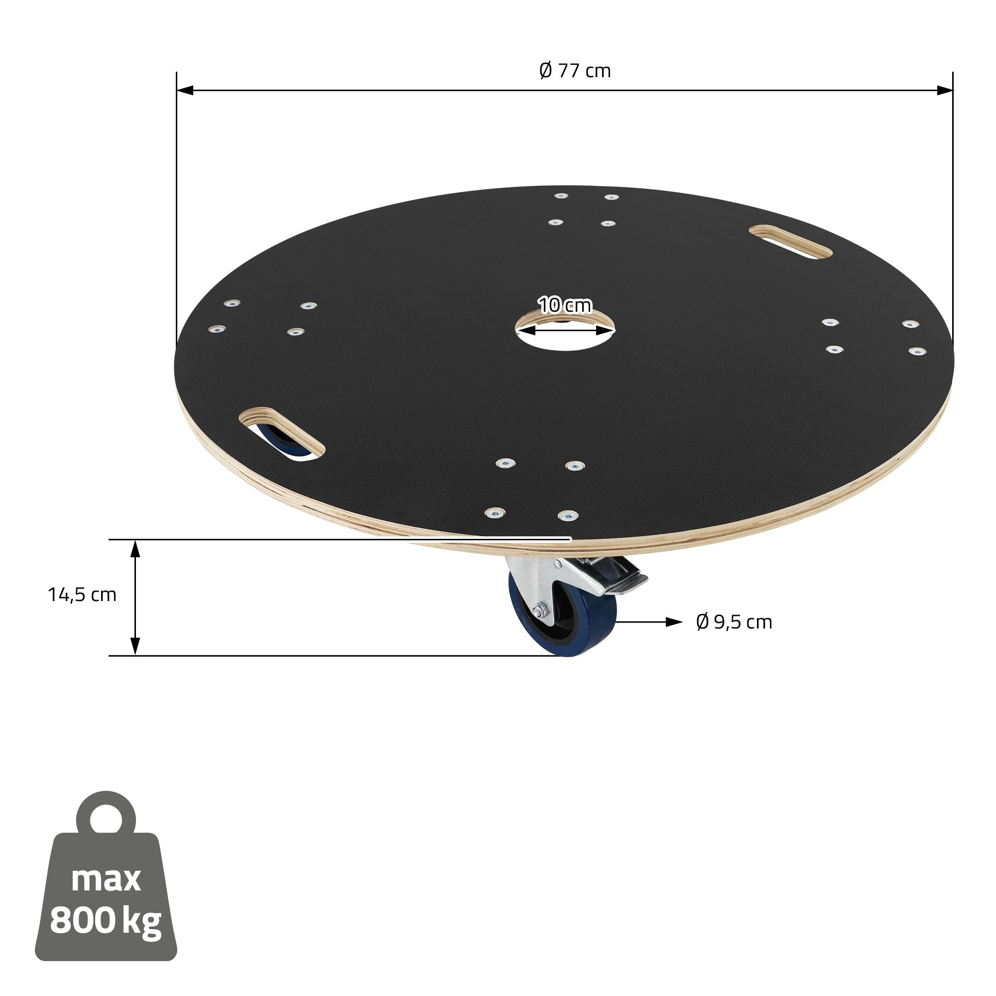 ECD Germany Plateau roulant rond 77 cm multiplex 800 kg freins