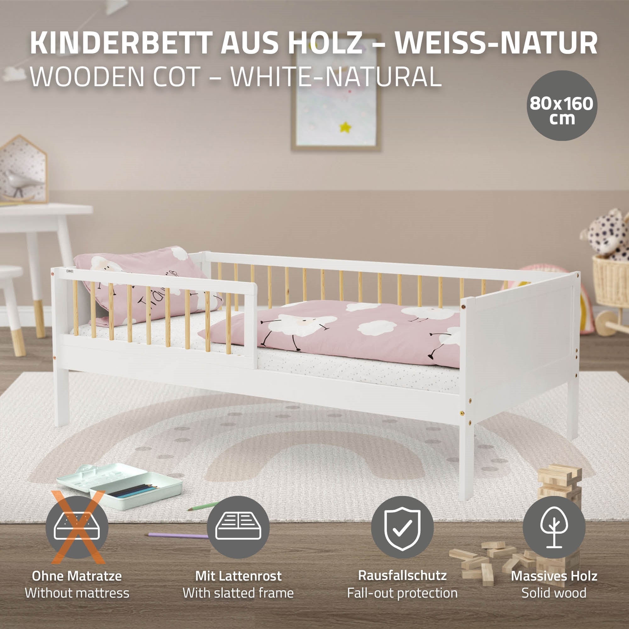 ECD Germany Kinder lit enfant 80x160 pin blanc sommier barrière