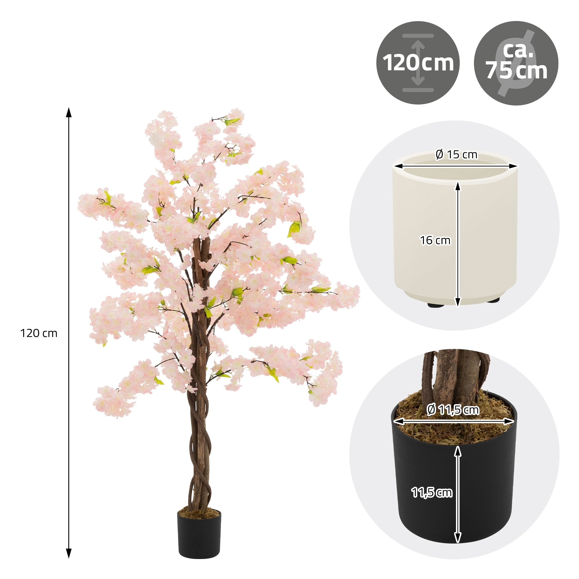 ECD Germany cerisier artificiel rose 120 cm en pot
