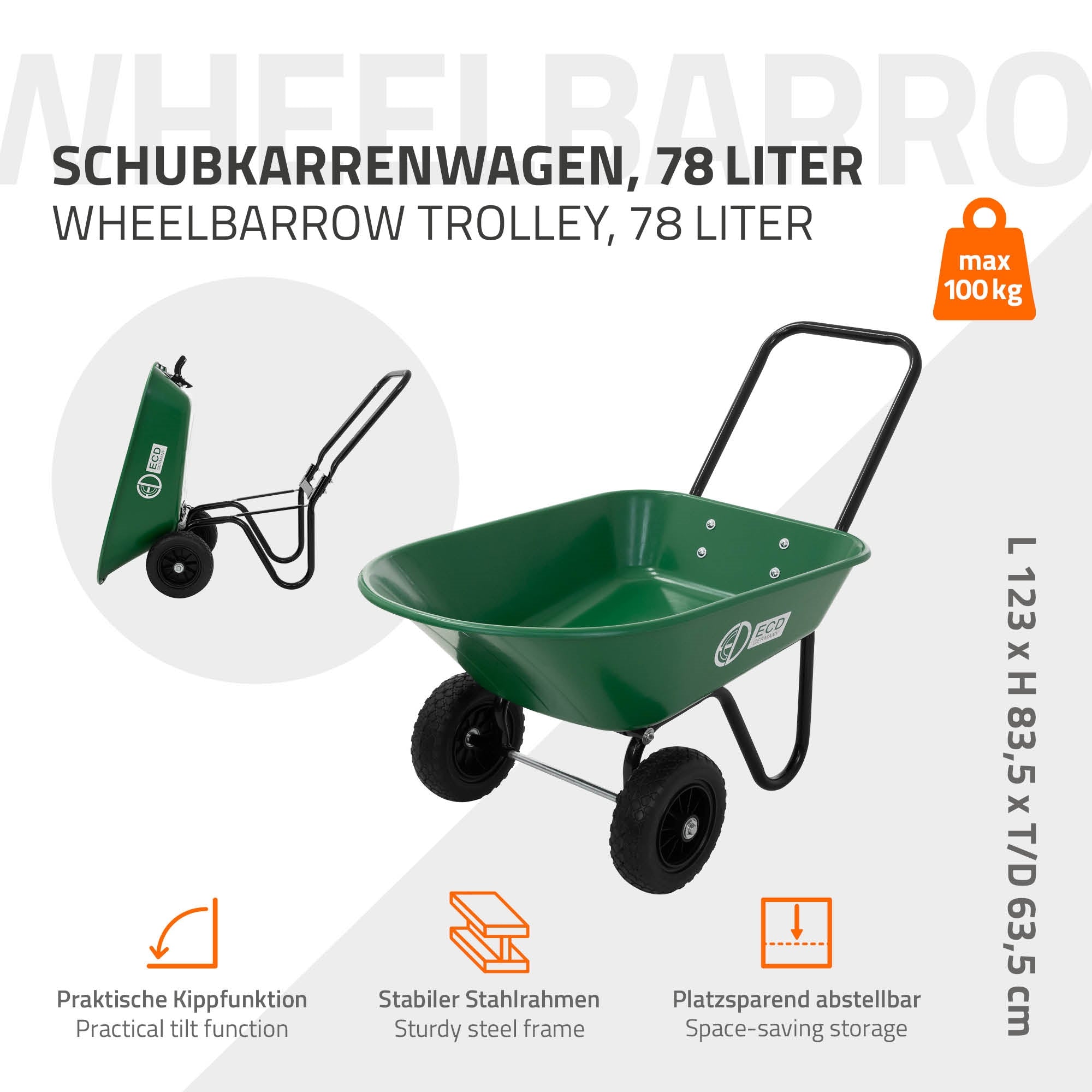 ECD Germany Garten chariot jardin 78L basculant 100 kg