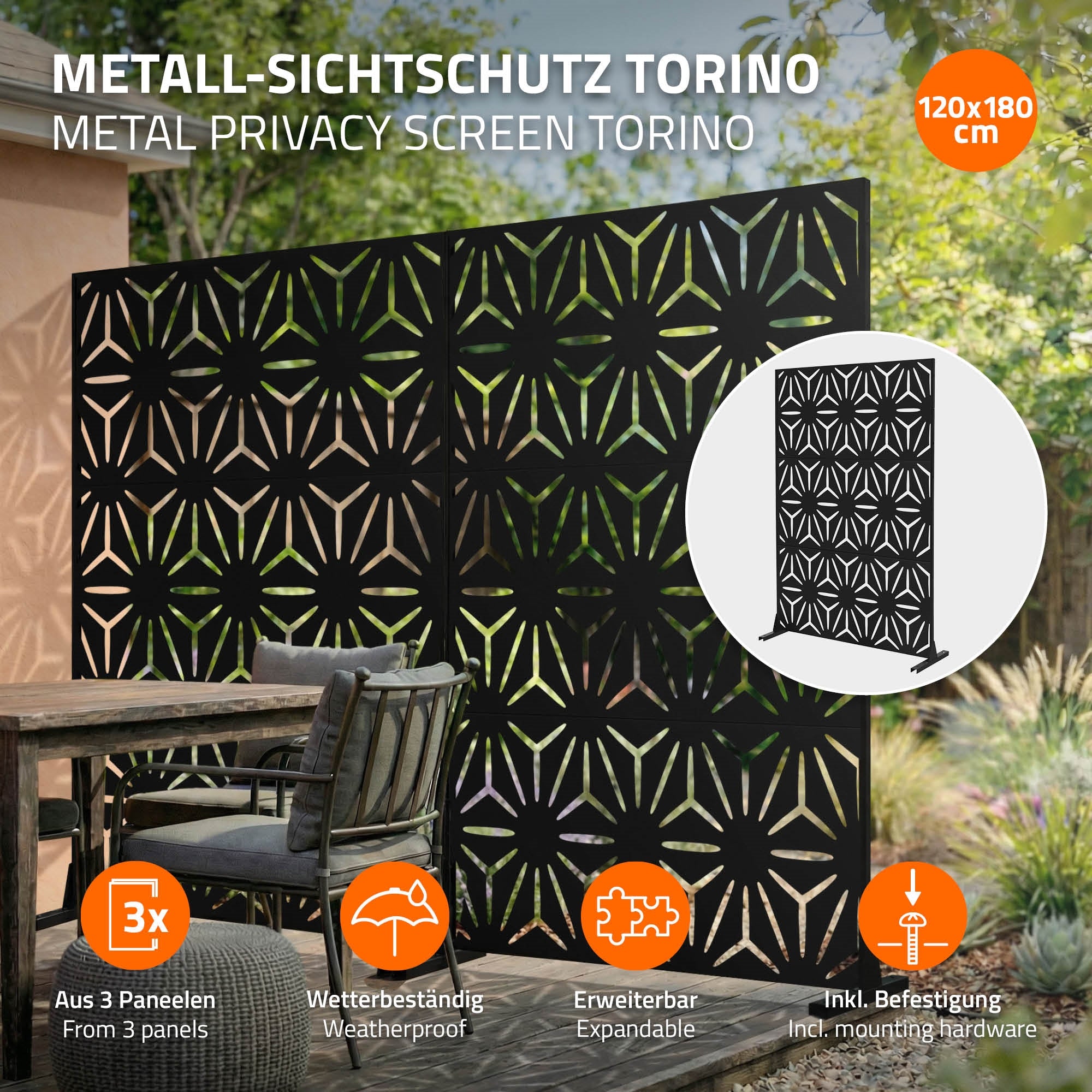 ECD Germany Torino paravent noir 120x180 cm acier 3 panneaux