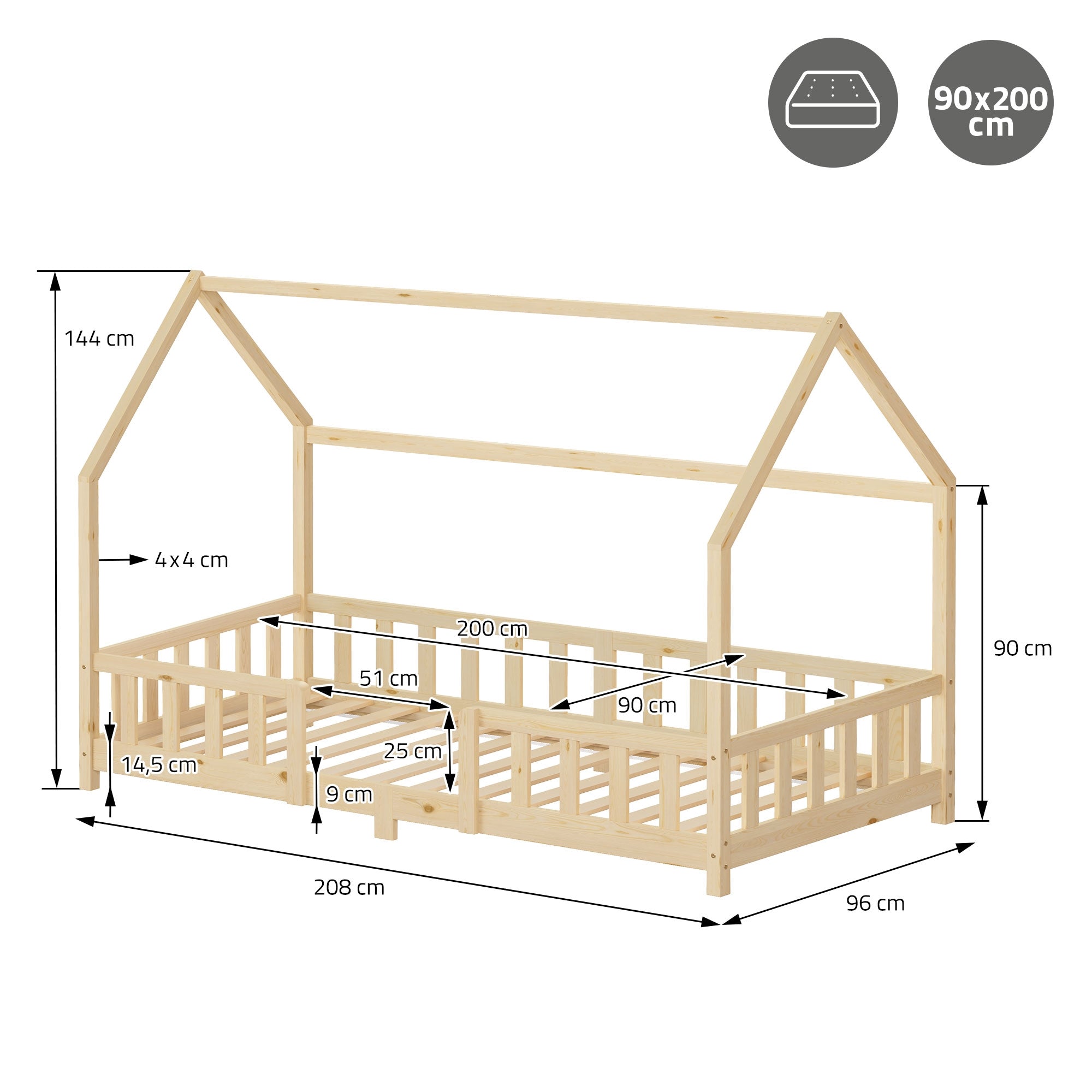ECD Kinder lit cabane 90x200 naturel barrière sans matelas