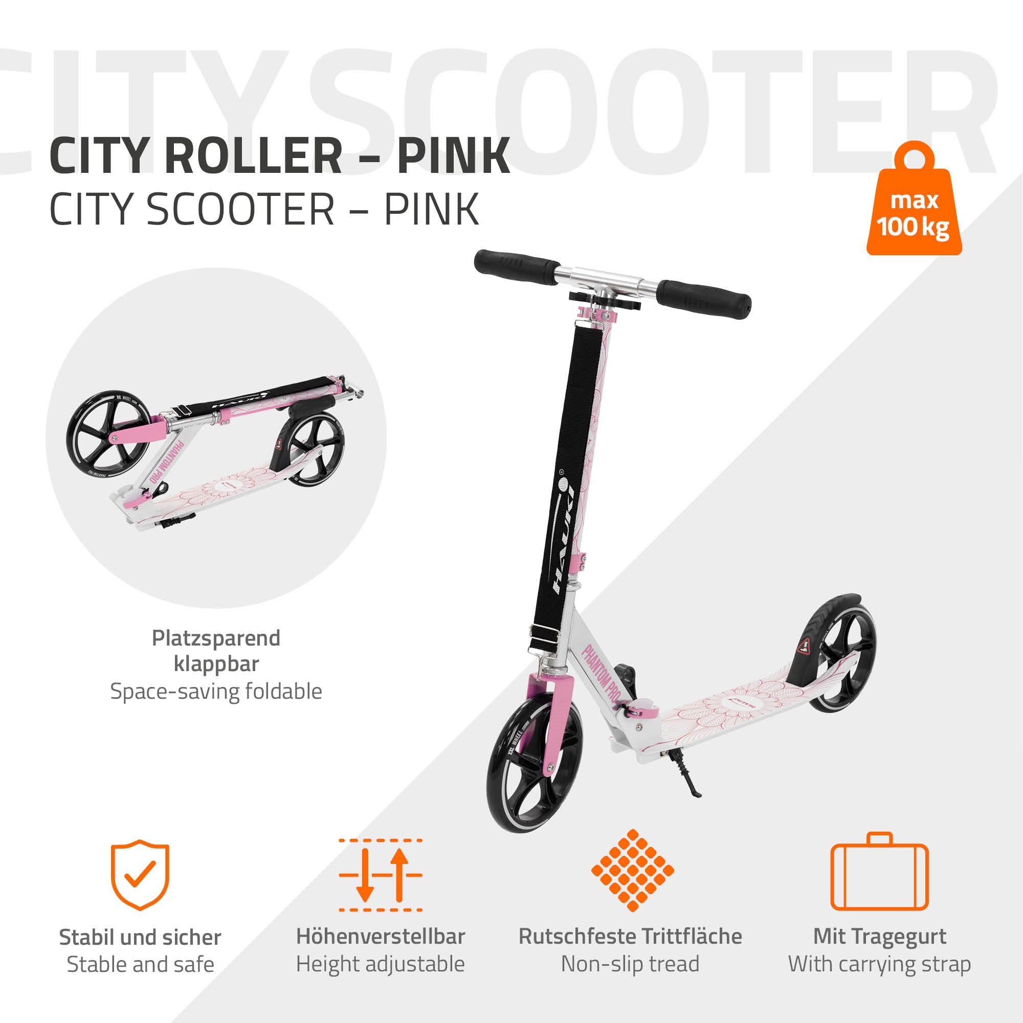 ECD Germany Hauki trottinette rose pliable roues XXL