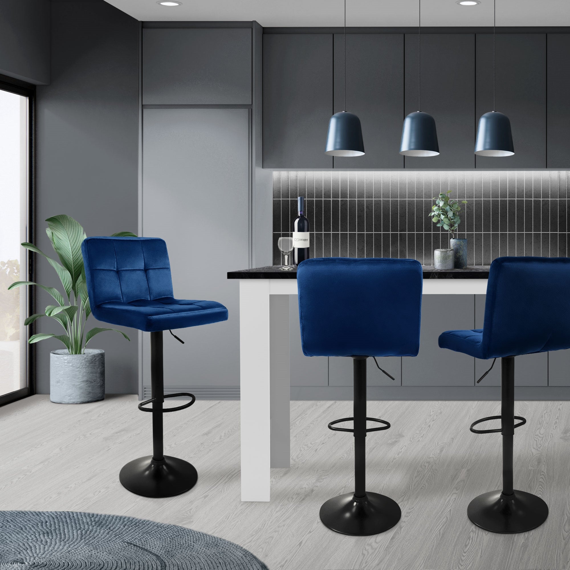 ECD Germany Möbel tabouret bar velours bleu dossier lot 2 63-83cm