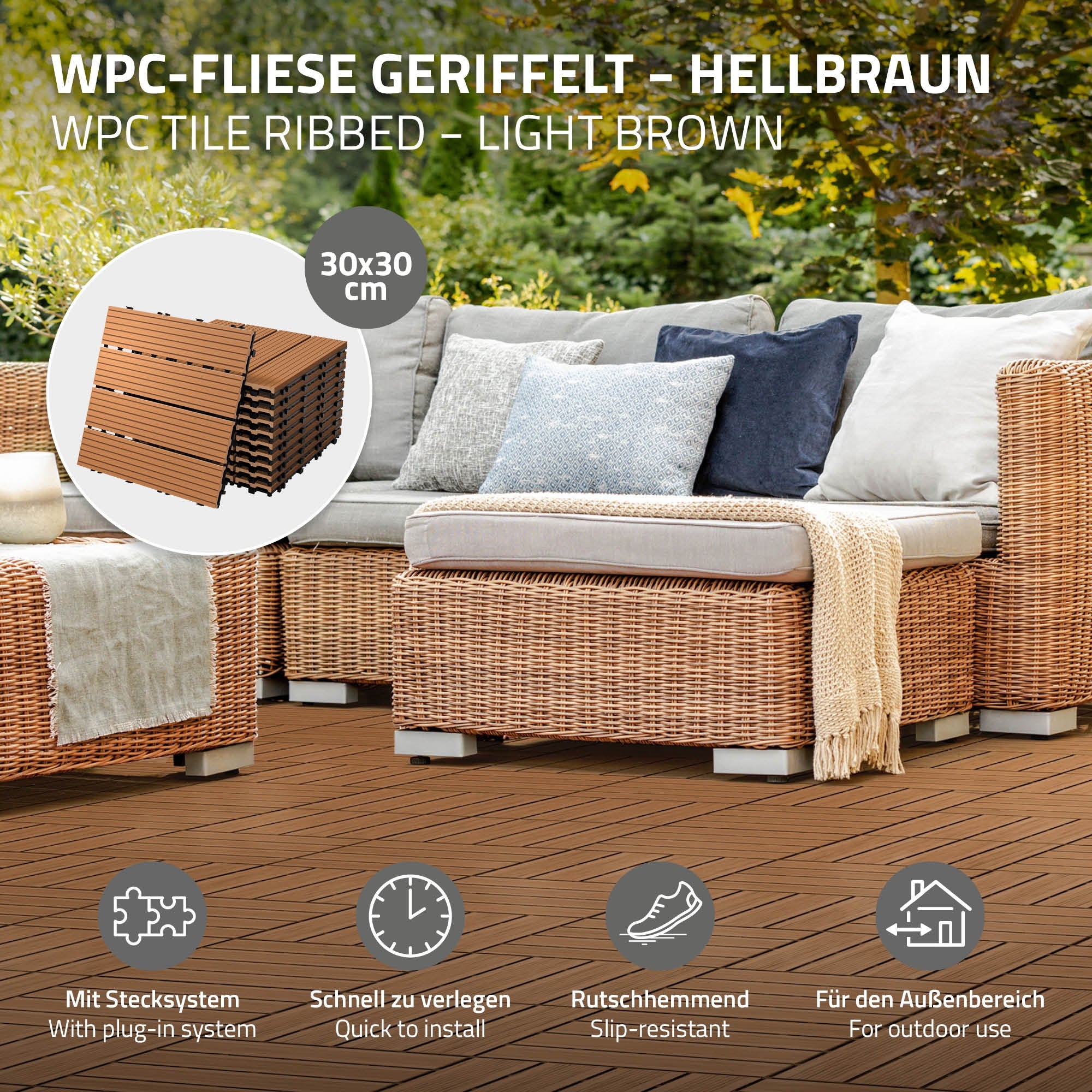 ECD Germany Garten dalles terrasse 30x30 marron clair 44 pièces