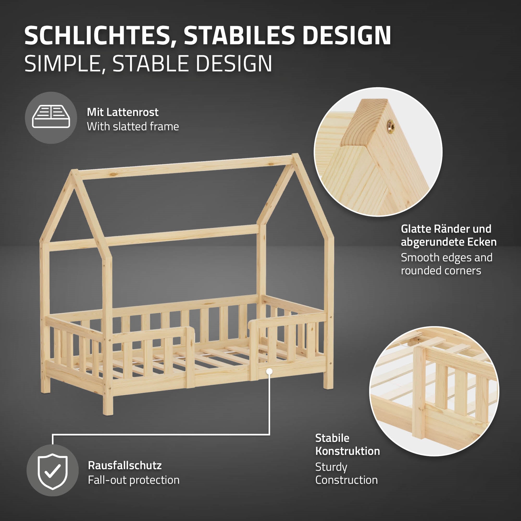 ML-Design Kinder lit cabane enfant pin 70x140 barrière + sommier