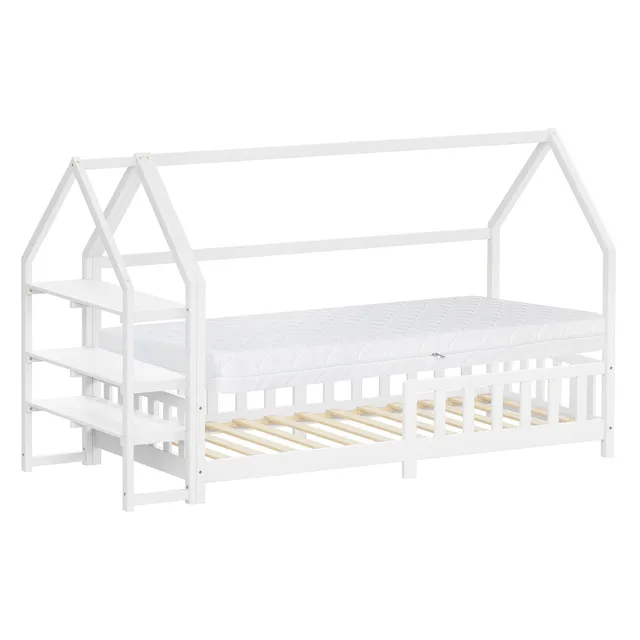 ECD Germany Kinder lit cabane 90x200 blanc + matelas 16 cm