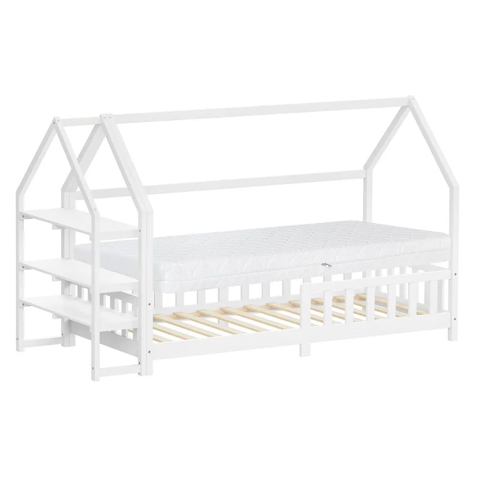 ECD Germany Kinder lit cabane 90x200 blanc + matelas 16 cm